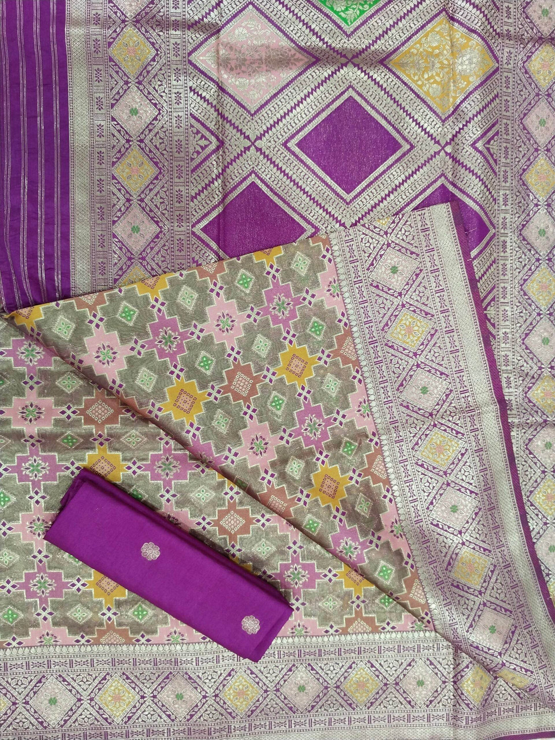 Magenta Light Golden Zari Work Tissue Saree With Colourful Meena - Zohra Silk