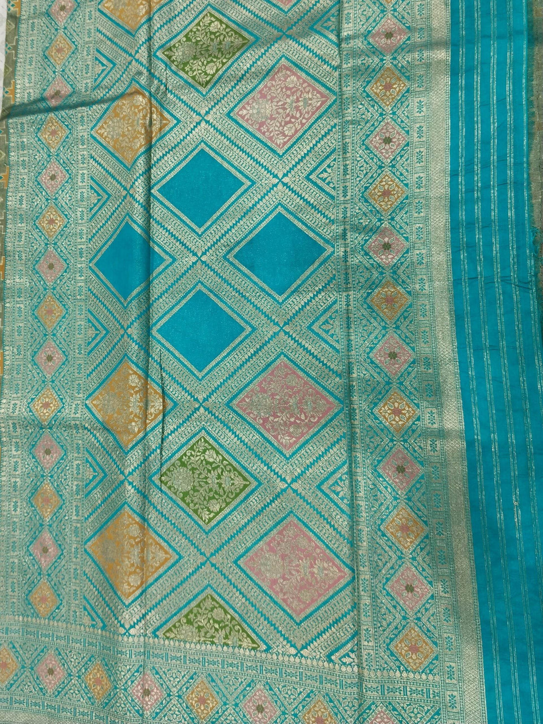 Blue-Green Light Golden Zari Tissue Saree With Colourful Meena - Zohra Silk