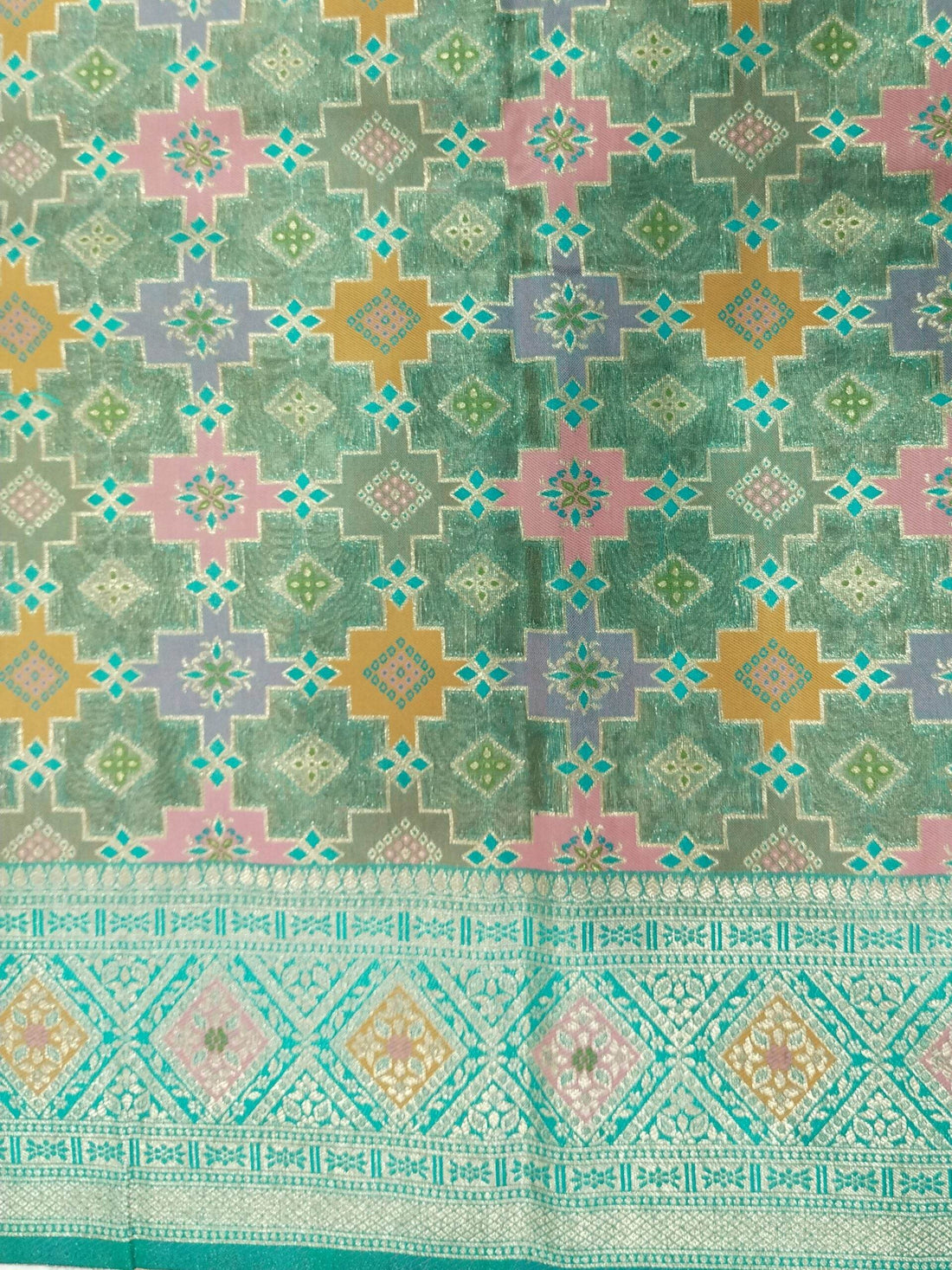 Blue-Green Light Golden Zari Tissue Saree With Colourful Meena - Zohra Silk
