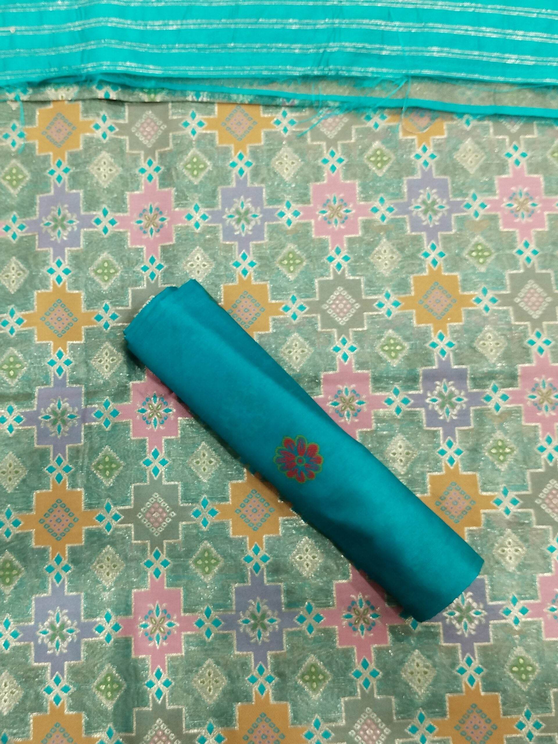 Blue-Green Light Golden Zari Tissue Saree With Colourful Meena - Zohra Silk