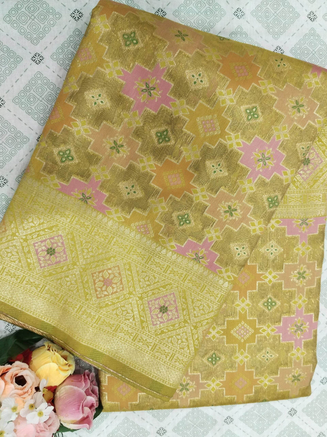 Lemon Yellow Light Golden Zari Work Tissue Saree With Colourful Meena - Zohra Silk