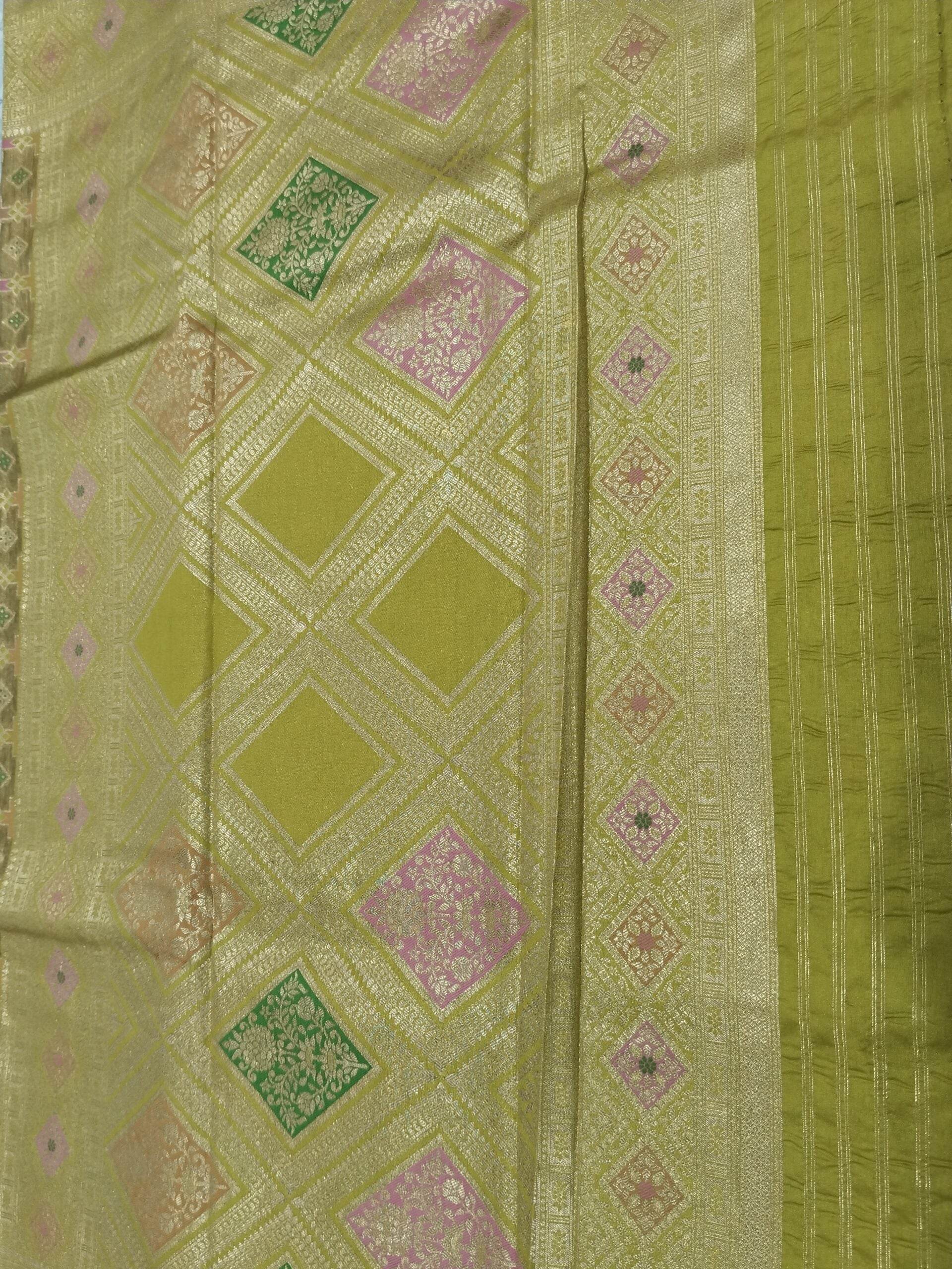 Lemon Yellow Light Golden Zari Work Tissue Saree With Colourful Meena - Zohra Silk