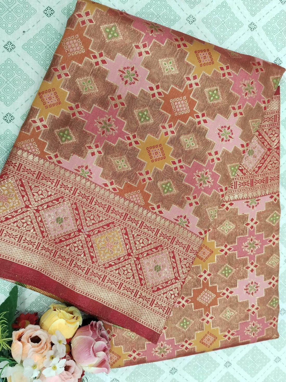 Red Light Golden Zari Work Tissue Saree With Colourful Meena - Zohra Silk