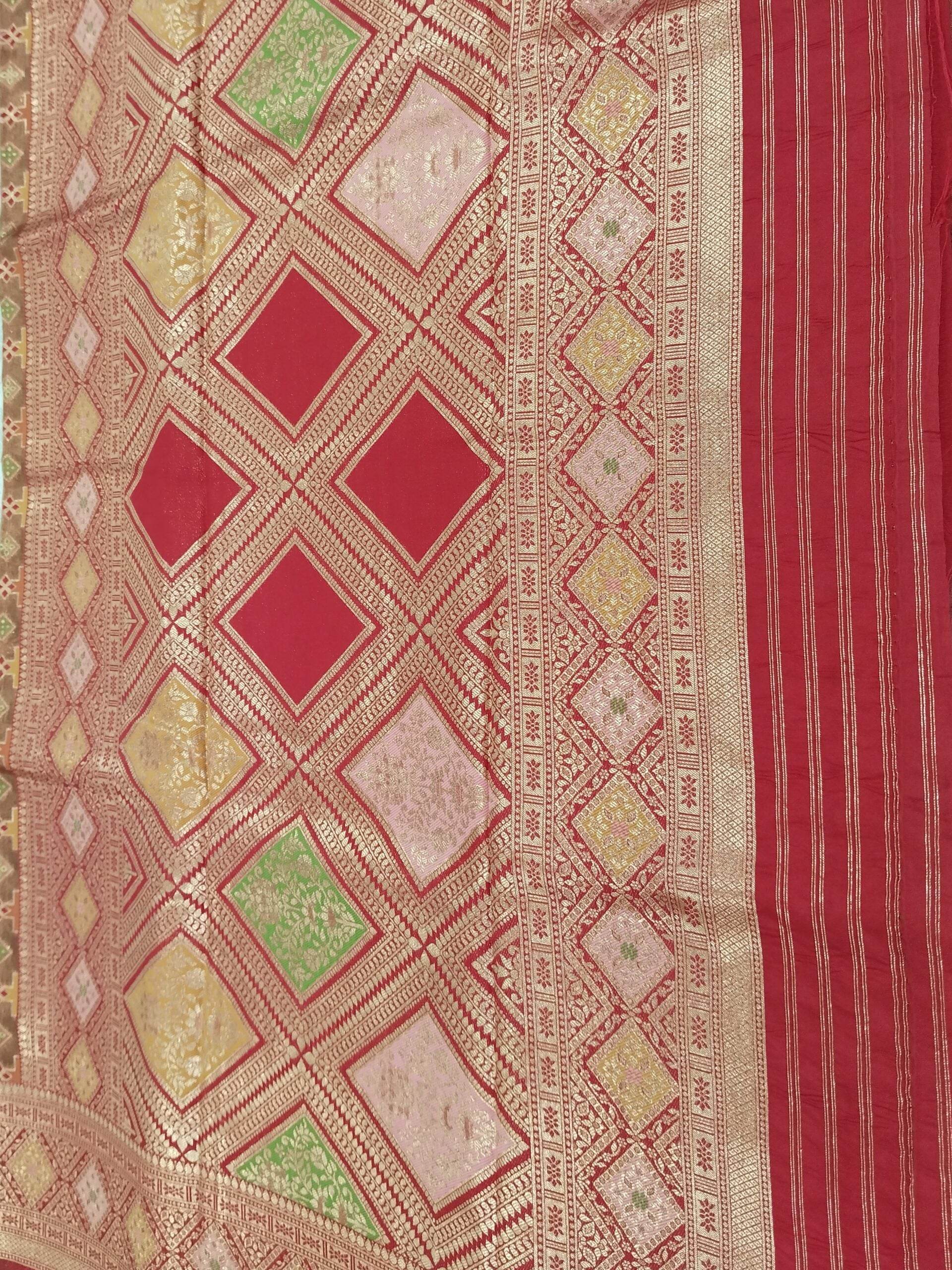 Red Light Golden Zari Work Tissue Saree With Colourful Meena - Zohra Silk