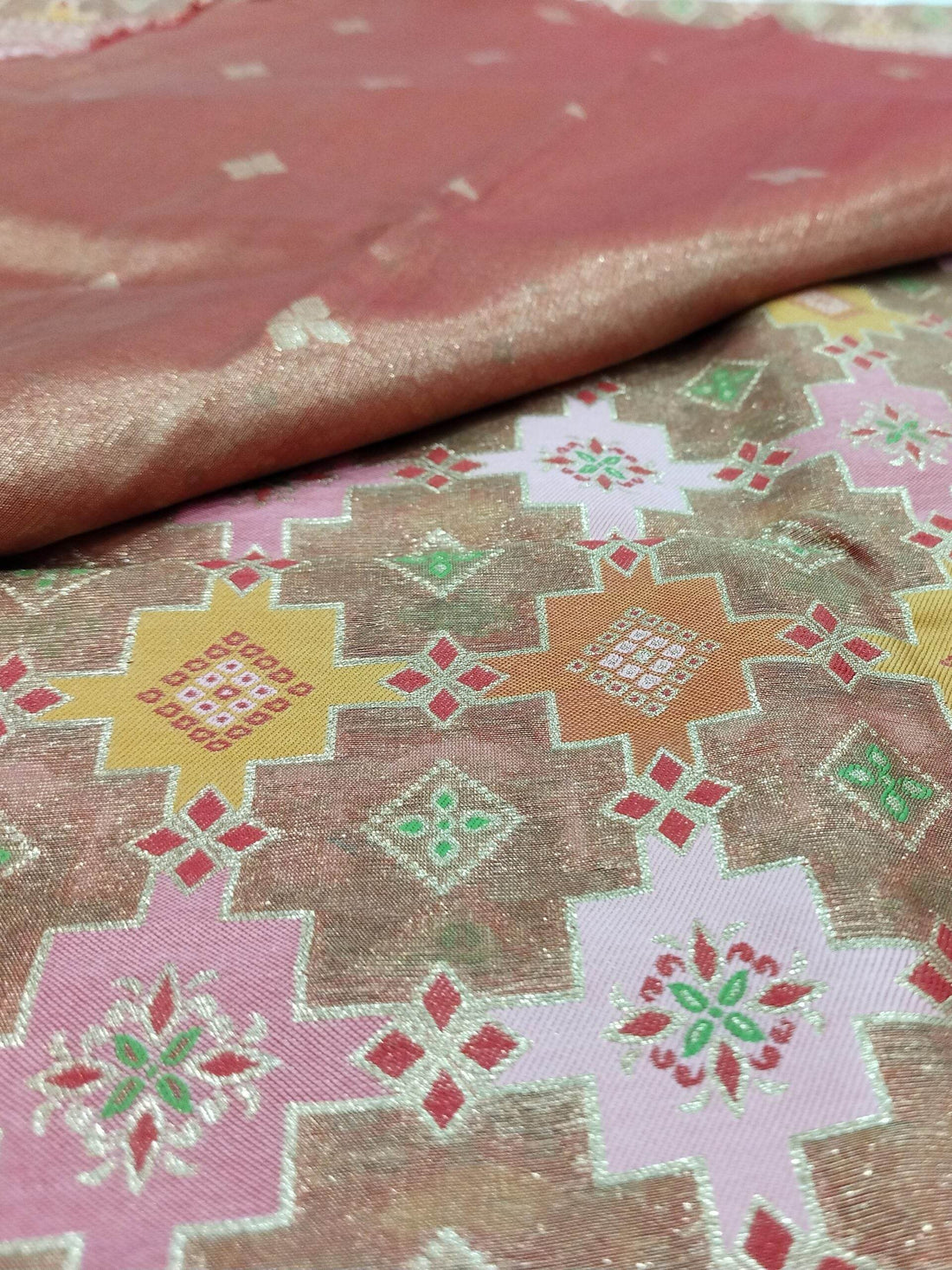 Red Light Golden Zari Work Tissue Saree With Colourful Meena - Zohra Silk