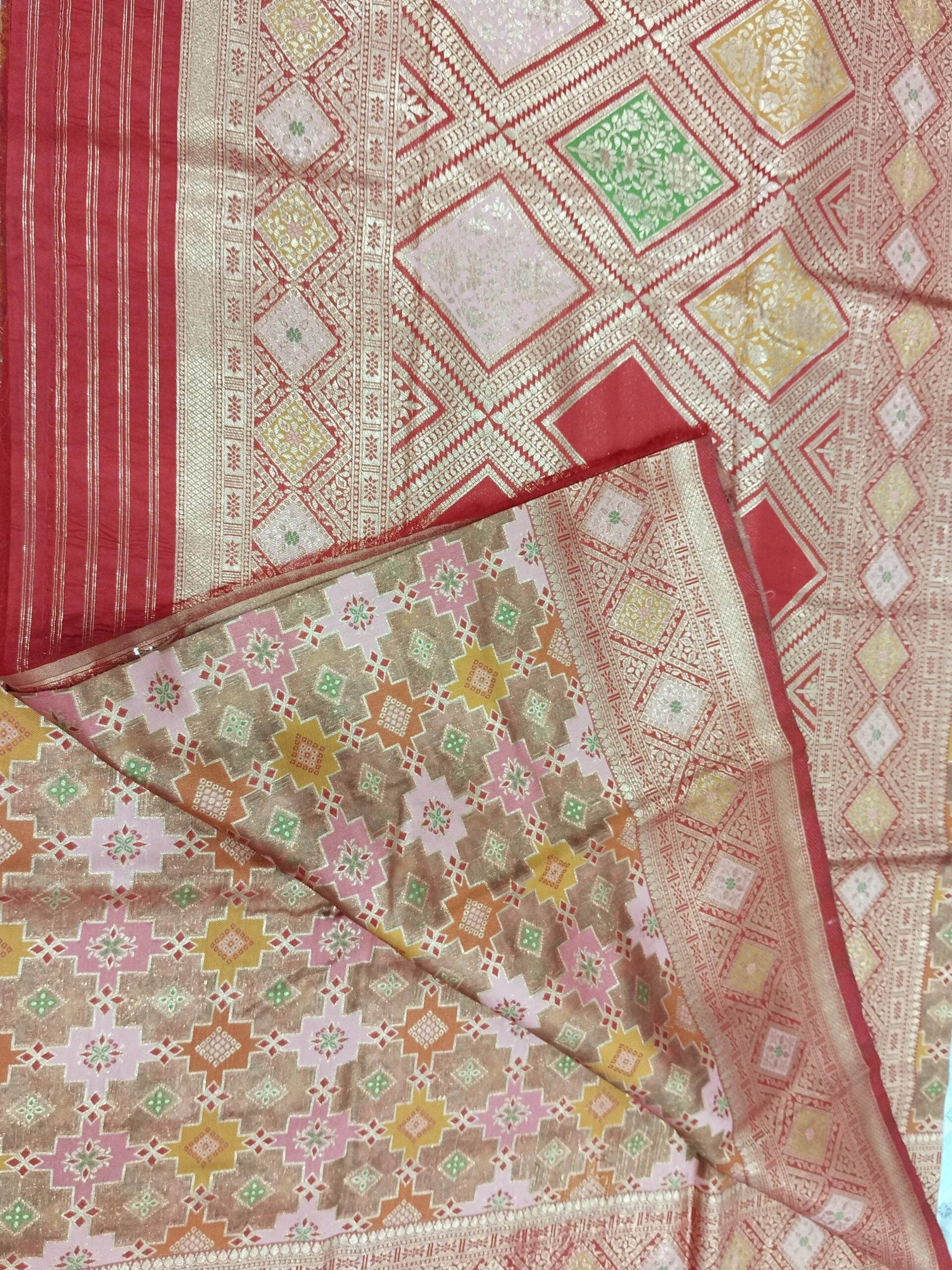 Red Light Golden Zari Work Tissue Saree With Colourful Meena - Zohra Silk
