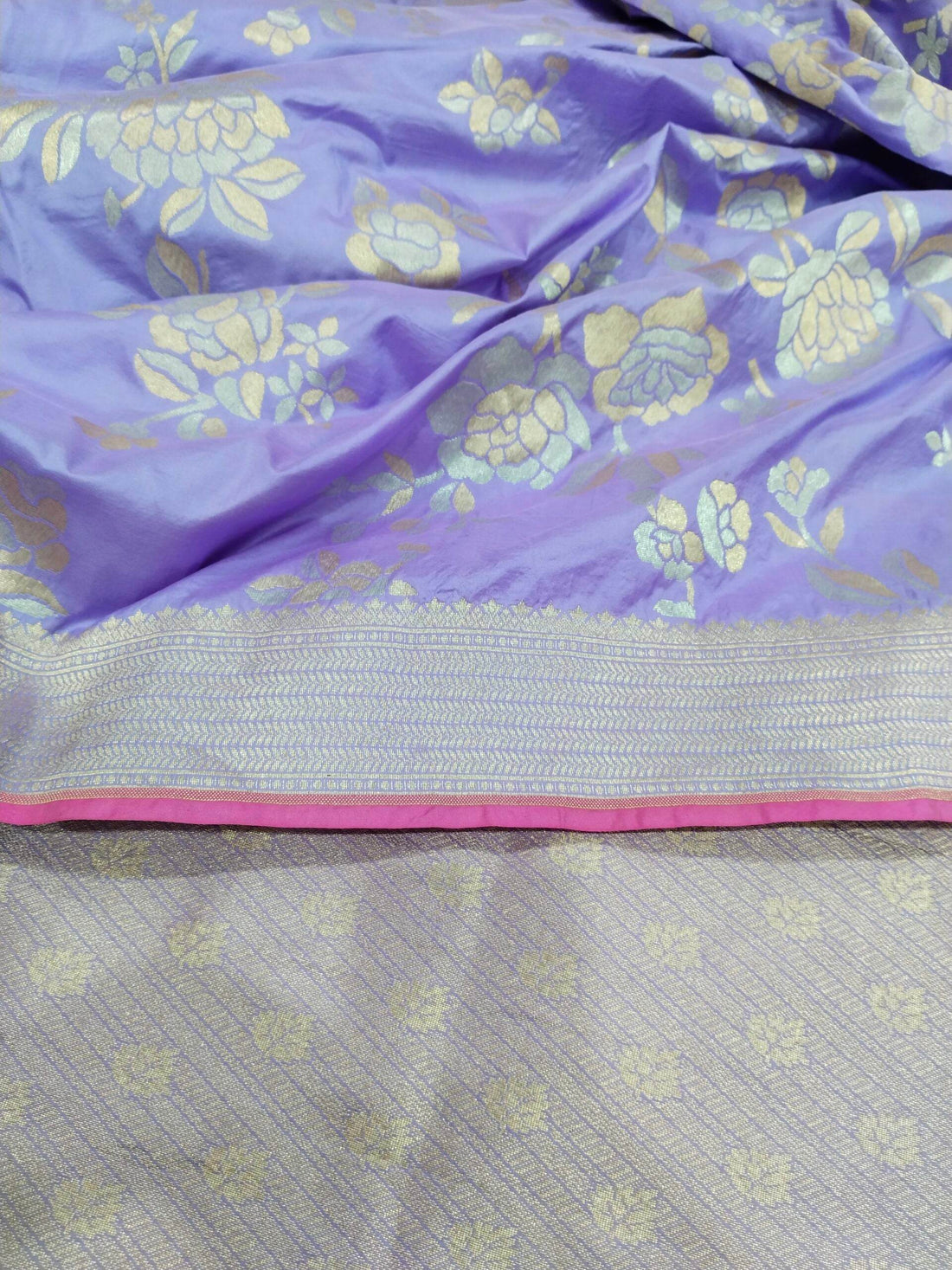 Purple with Golden & Silver Zari Pur Silk Banarasi Saree - Zohra Silk