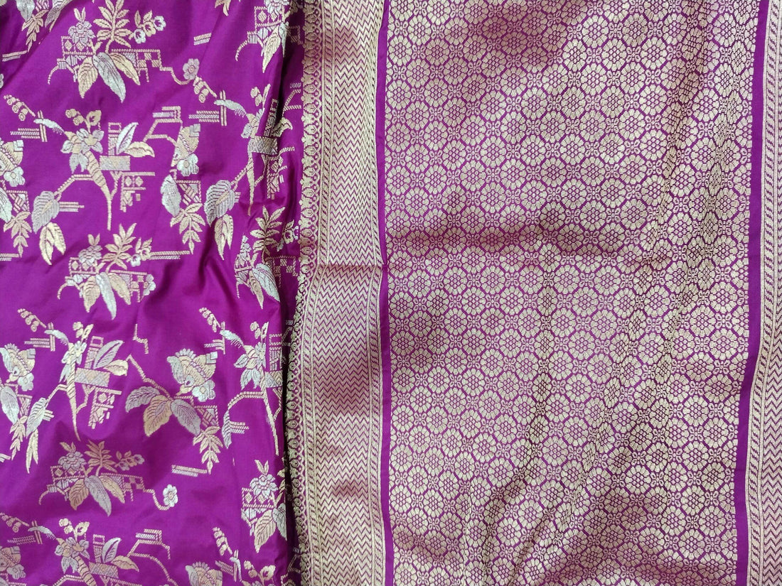 Magenta with Golden & Silver Zari Pure Silk Banarasi Sare - Zohra Silk