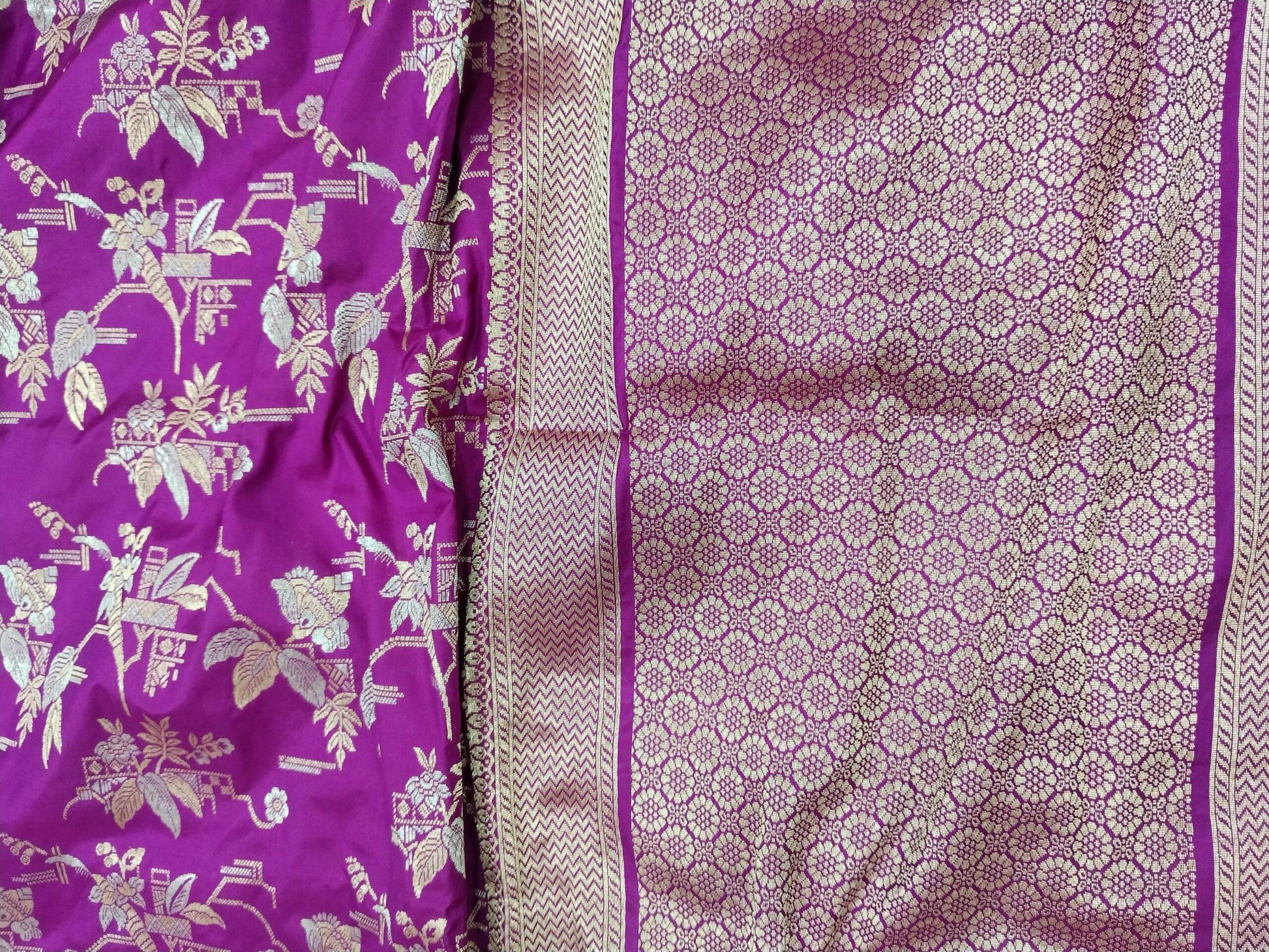 Magenta with Golden & Silver Zari Pure Silk Banarasi Sare - Zohra Silk