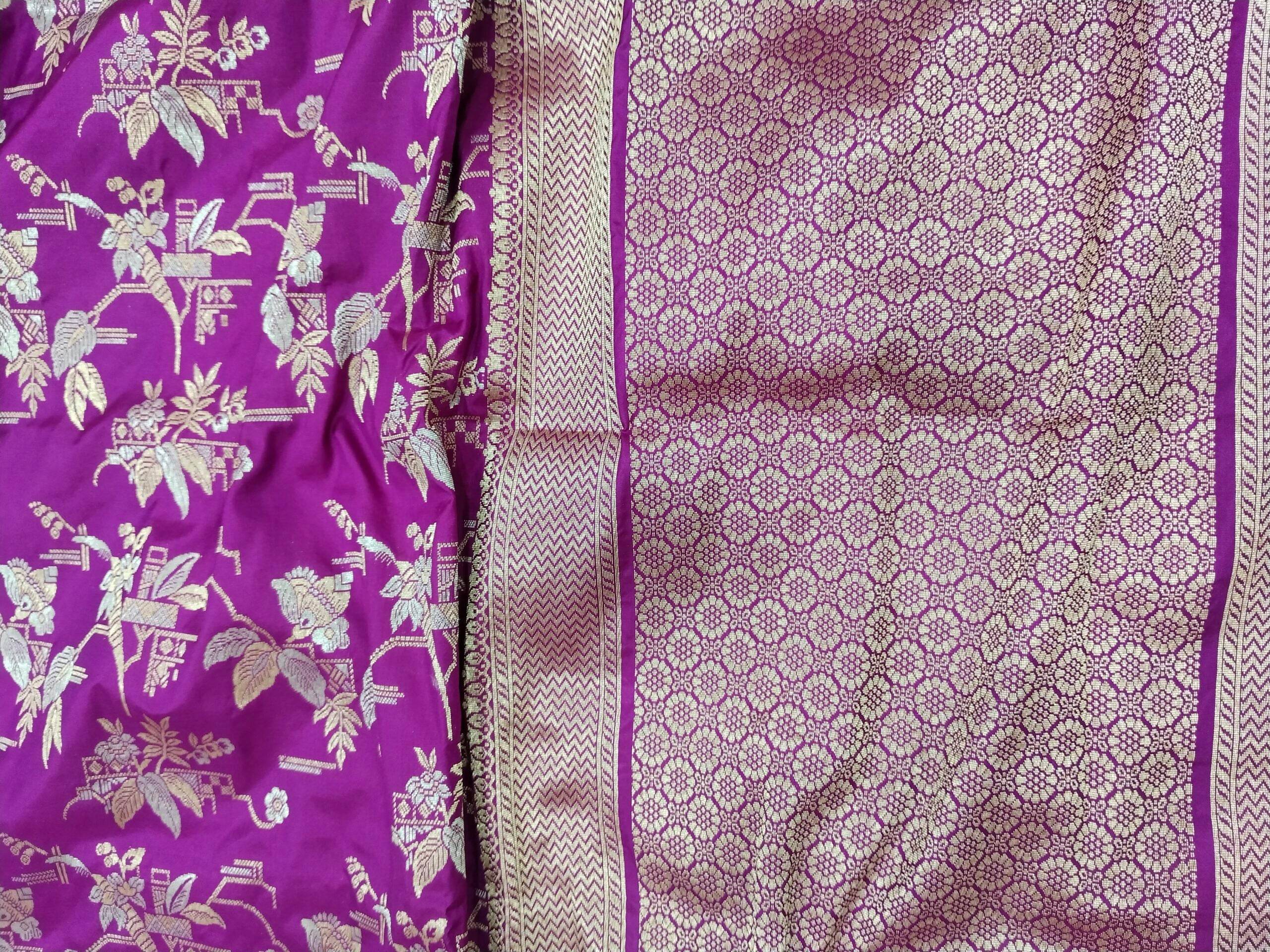 Magenta with Golden & Silver Zari Pure Silk Banarasi Sare - Zohra Silk