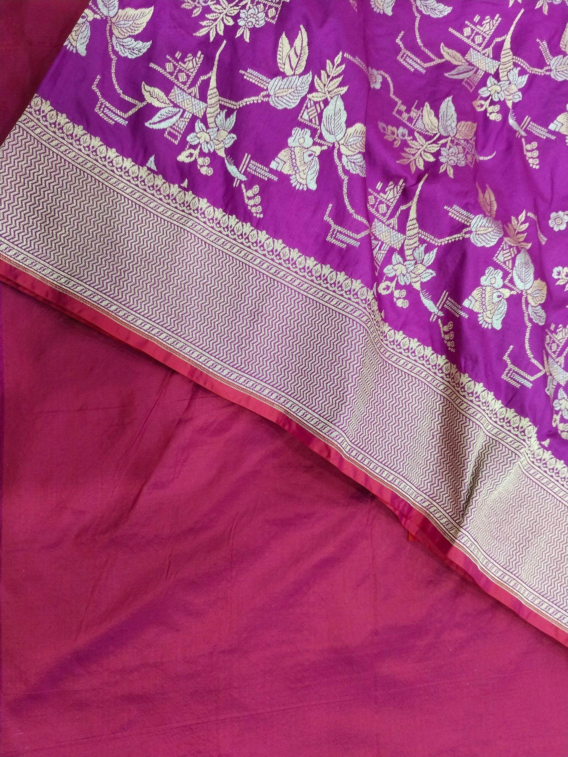 Magenta with Golden & Silver Zari Pure Silk Banarasi Sare - Zohra Silk