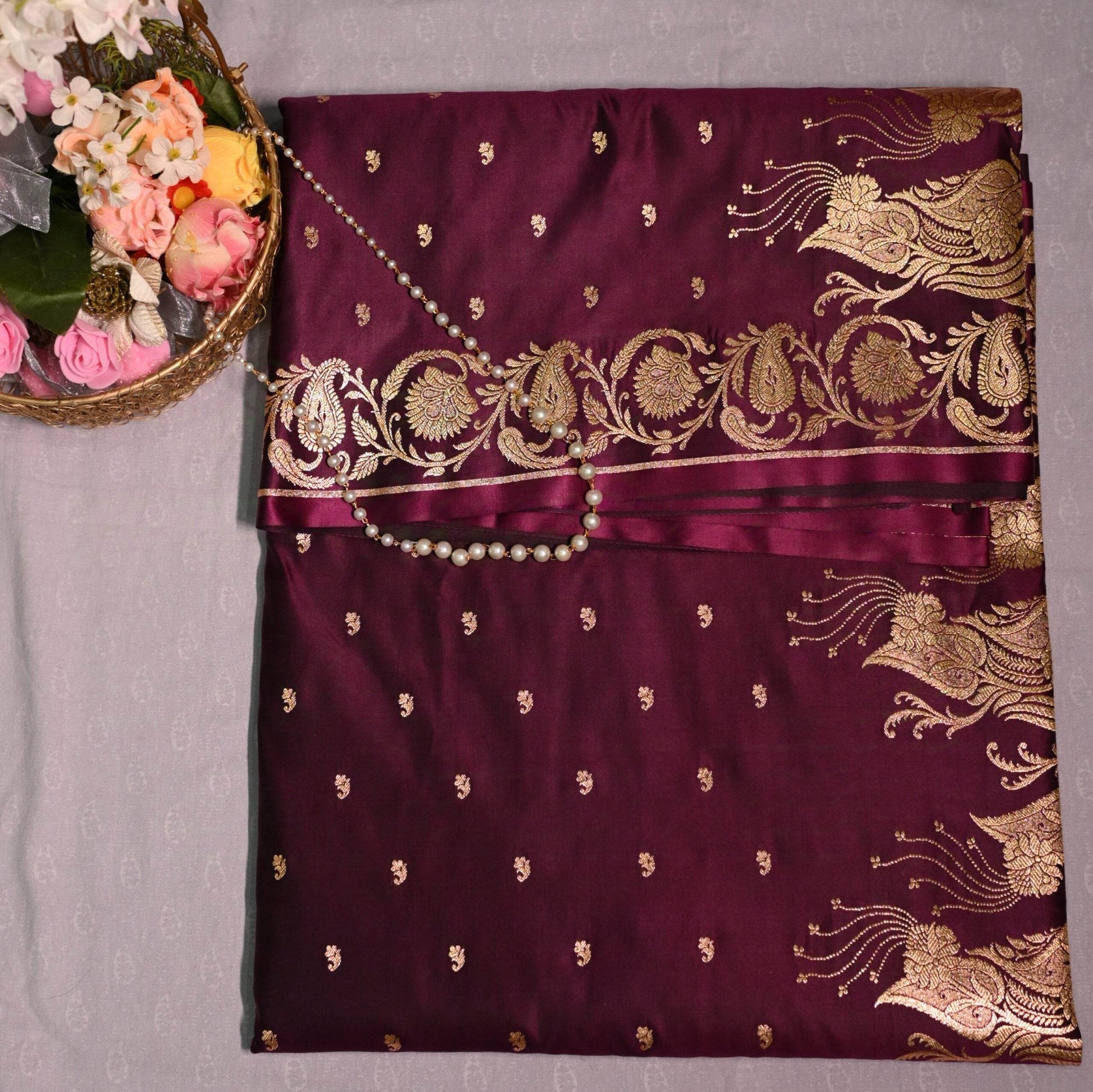 Brown Golden Zari Work Long Kairi Satin Silk Banarasi Saree - Zohra Silk