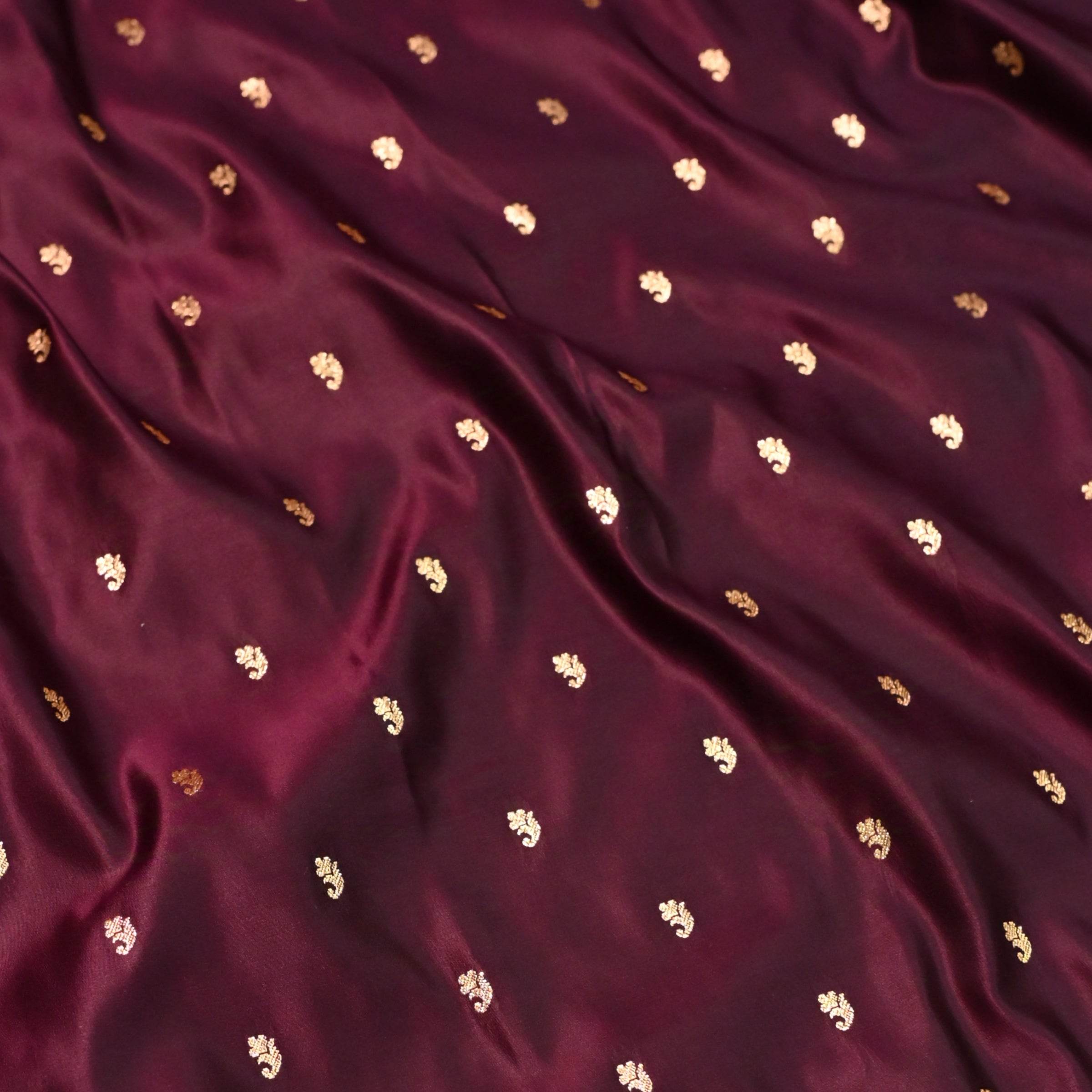 Brown Golden Zari Work Long Kairi Satin Silk Banarasi Saree - Zohra Silk