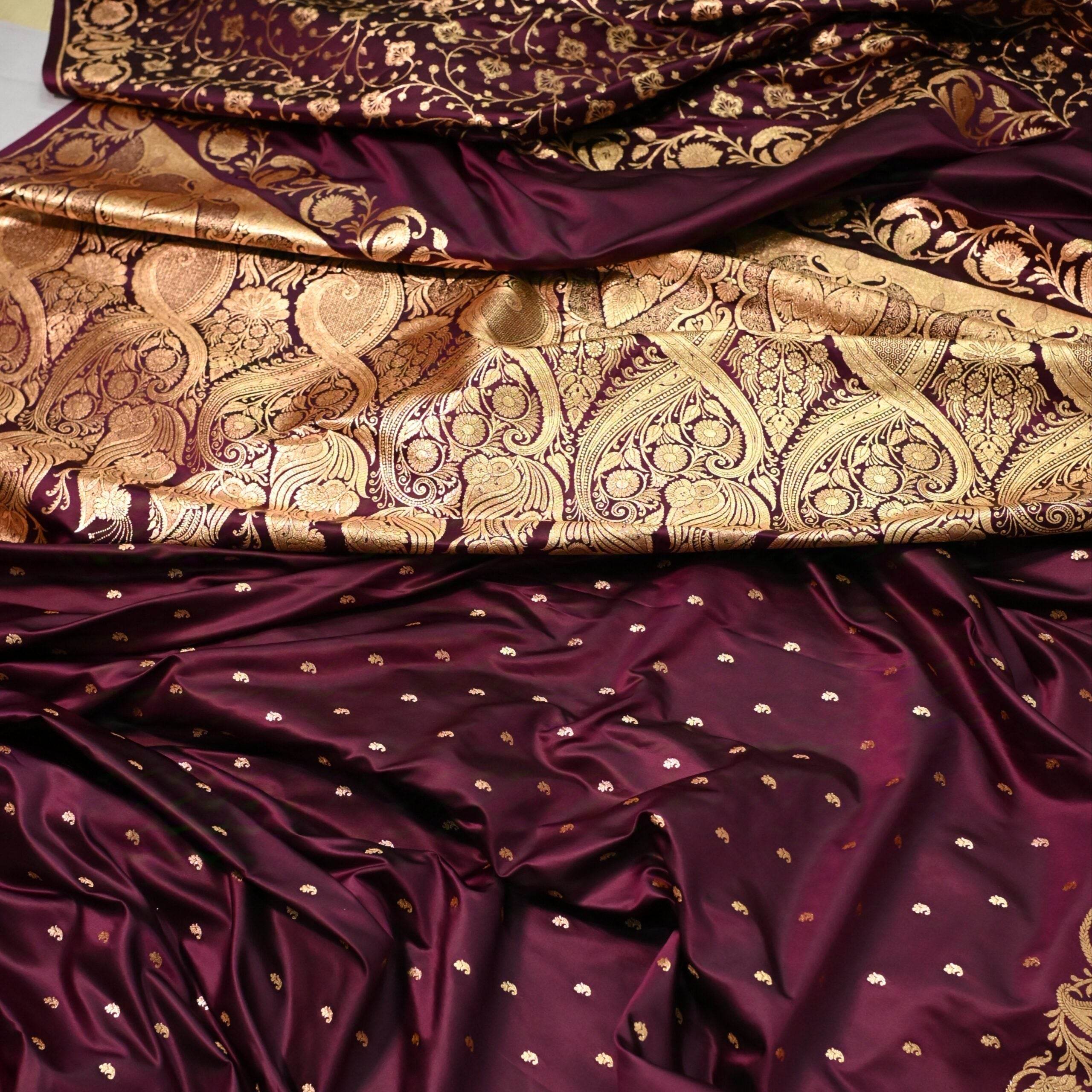 Brown Golden Zari Work Long Kairi Satin Silk Banarasi Saree - Zohra Silk