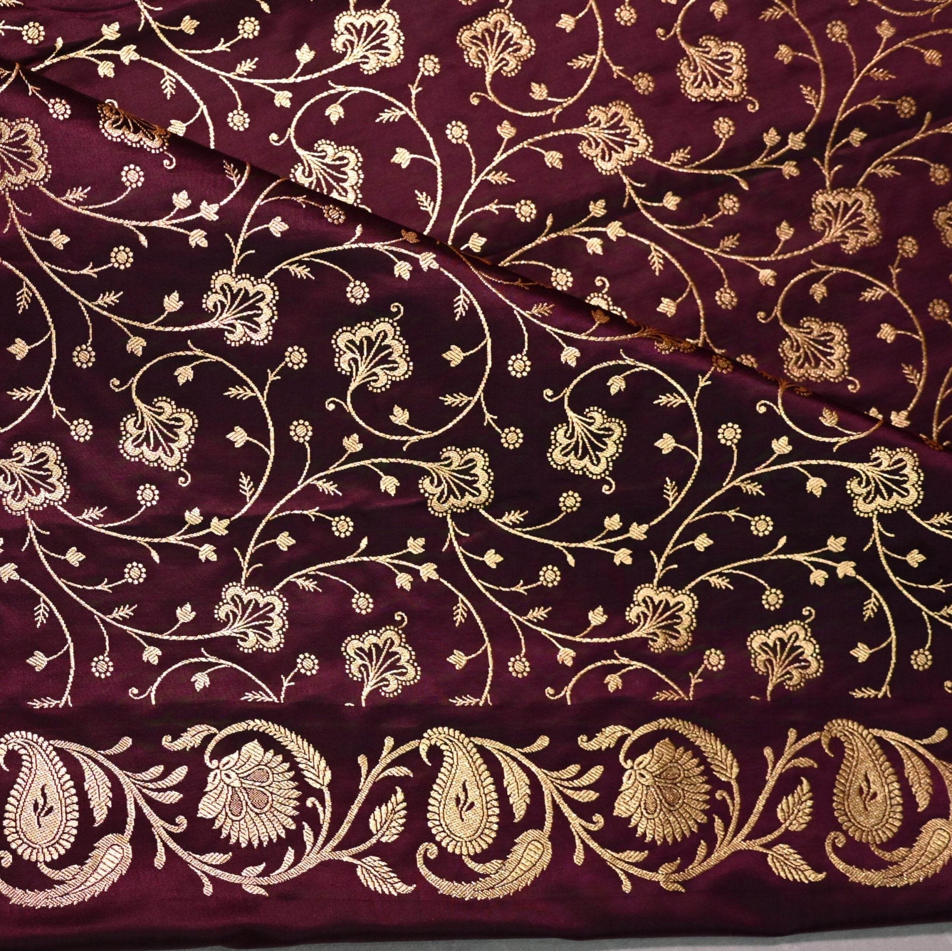 Brown Golden Zari Work Long Kairi Satin Silk Banarasi Saree - Zohra Silk
