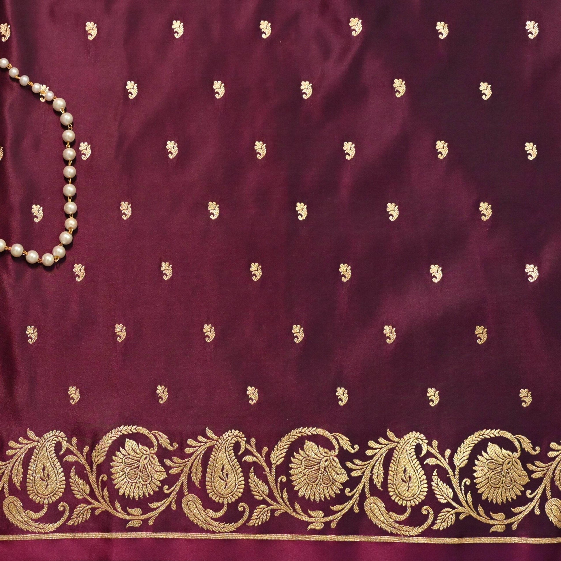 Brown Golden Zari Work Long Kairi Satin Silk Banarasi Saree - Zohra Silk