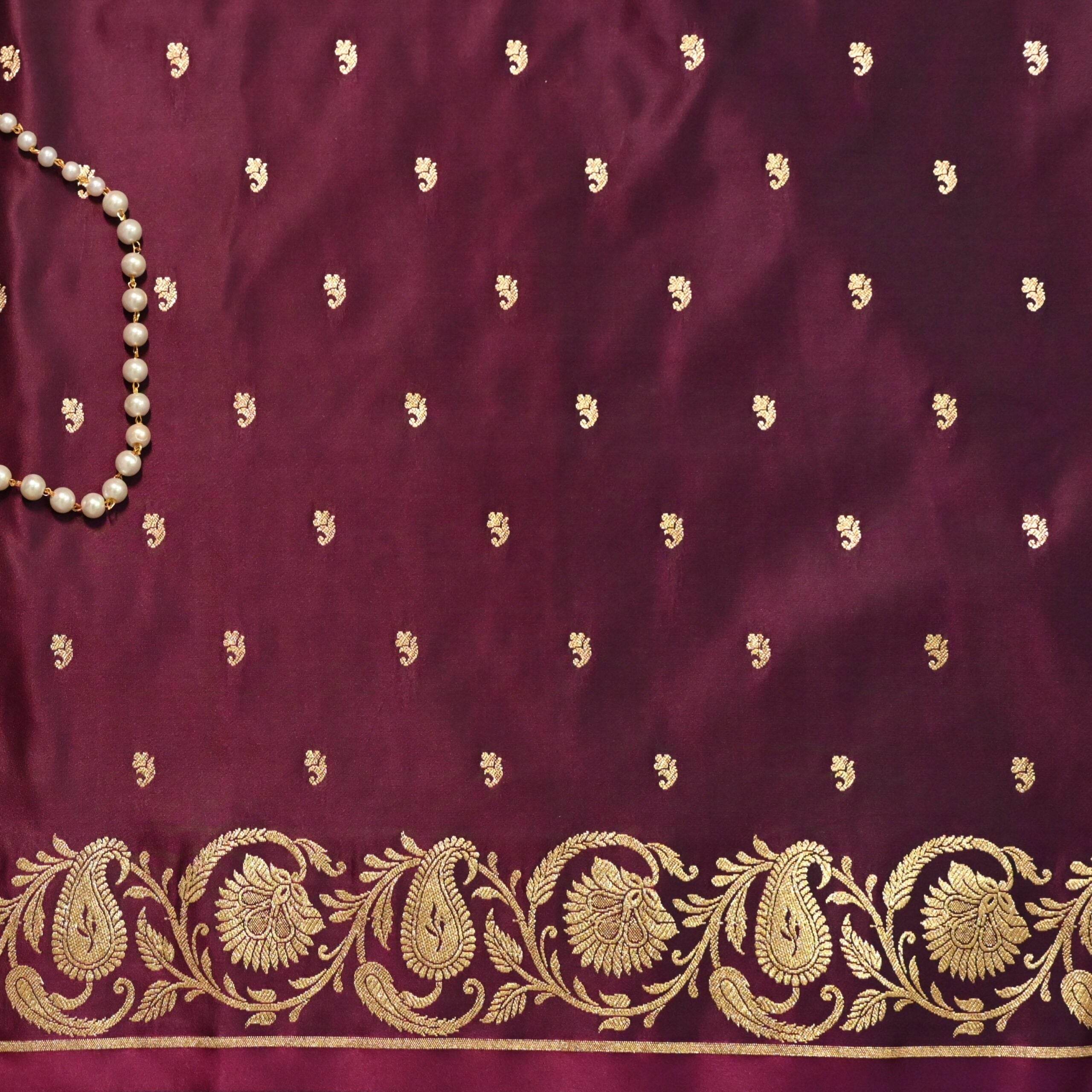 Brown Golden Zari Work Long Kairi Satin Silk Banarasi Saree - Zohra Silk