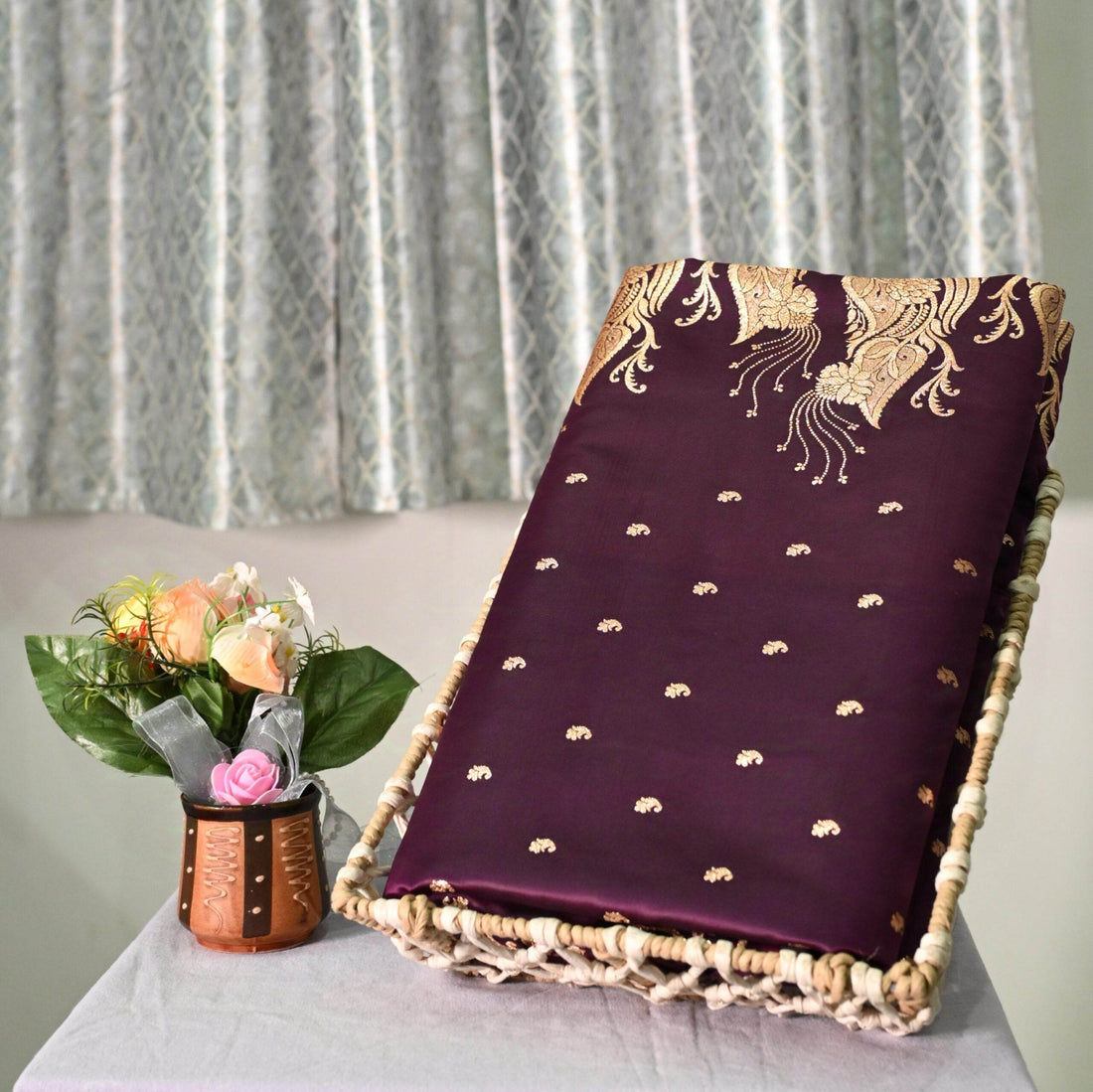 Brown Golden Zari Work Long Kairi Satin Silk Banarasi Saree - Zohra Silk