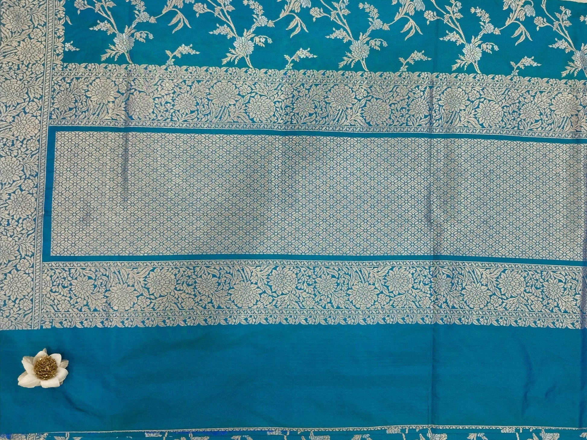 Blue-Green Golden & Silver Zari Pure Silk Banarasi Saree - Zohra Silk
