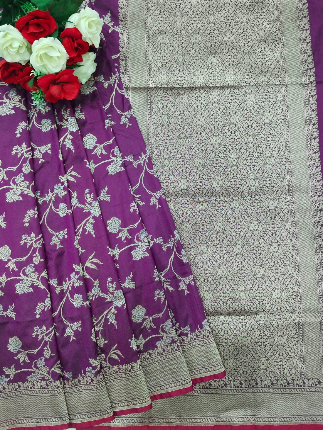 Rose Pink Golden & Silver Zari Pure Silk Banarasi Saree - Zohra Silk