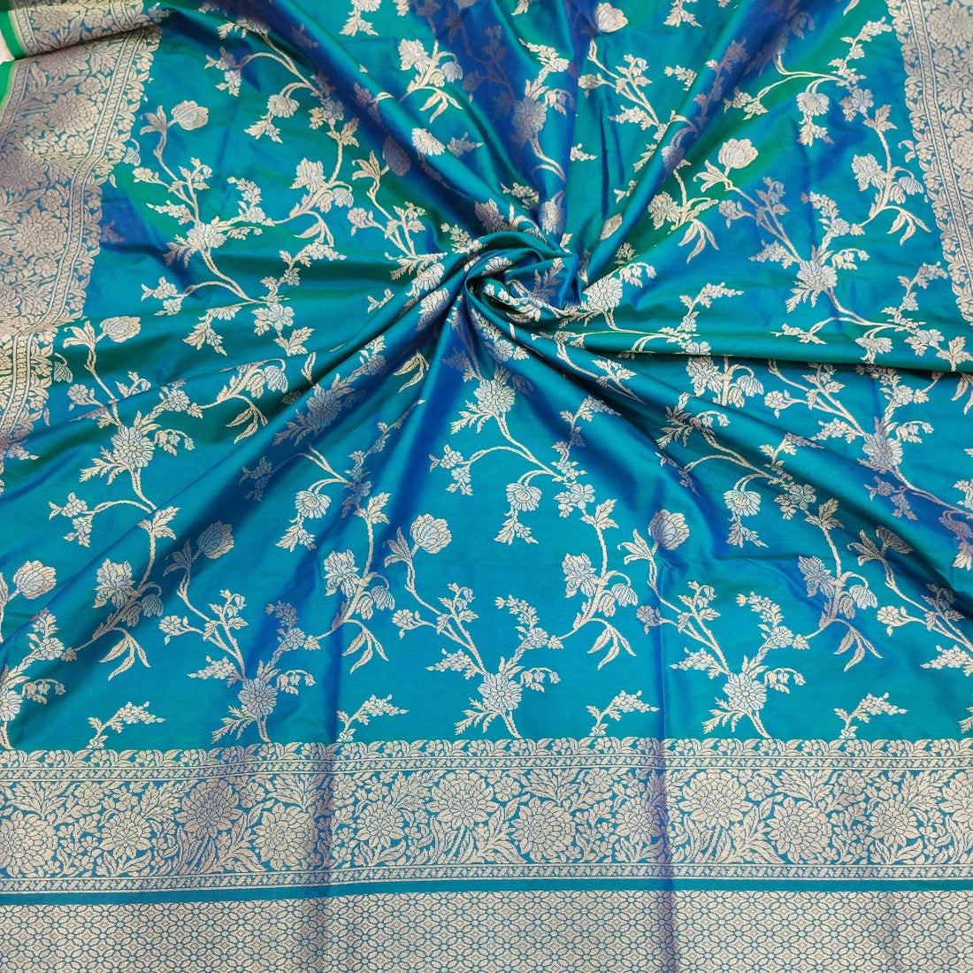 Blue-Green Golden & Silver Zari Pure Silk Banarasi Saree - Zohra Silk