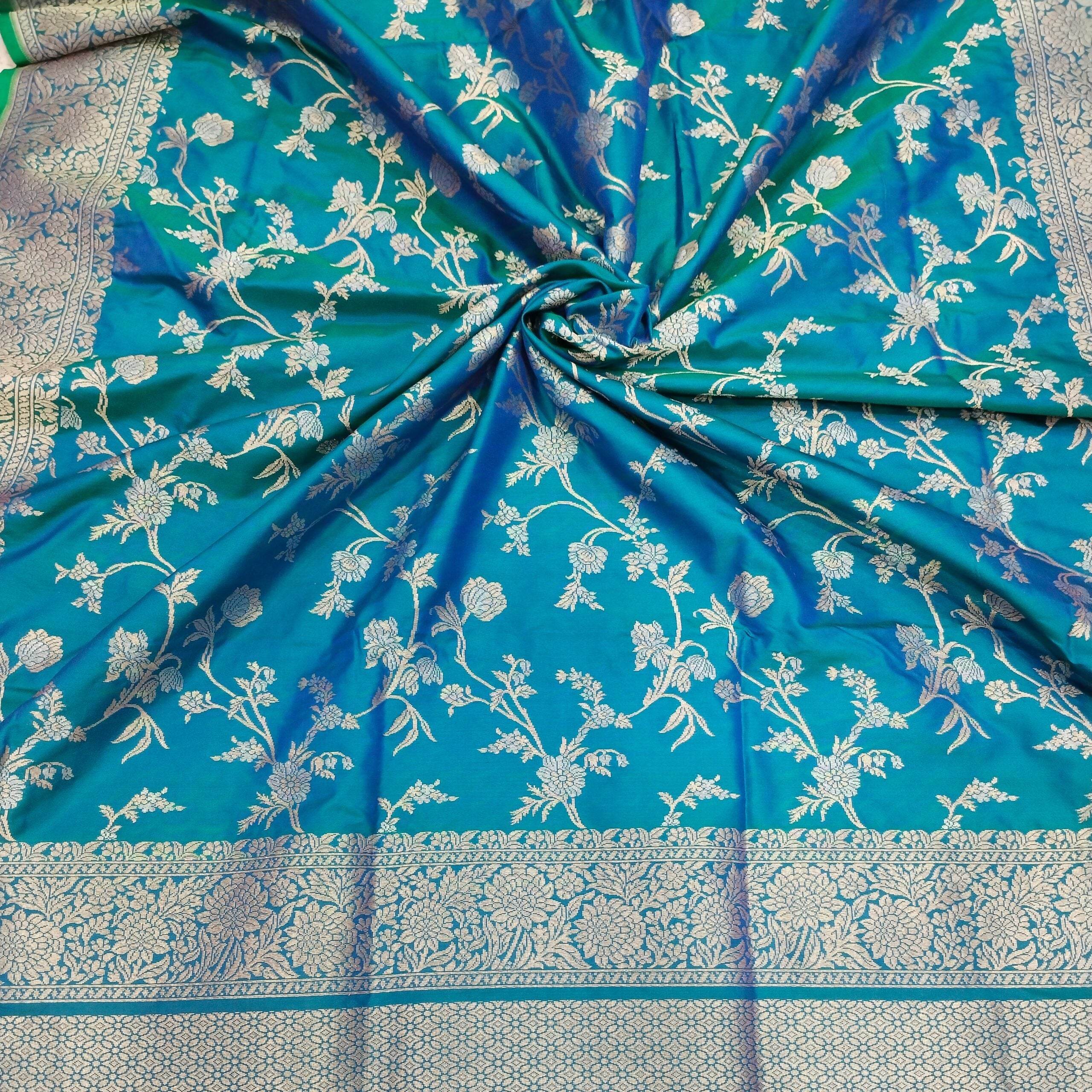 Blue-Green Golden & Silver Zari Pure Silk Banarasi Saree - Zohra Silk