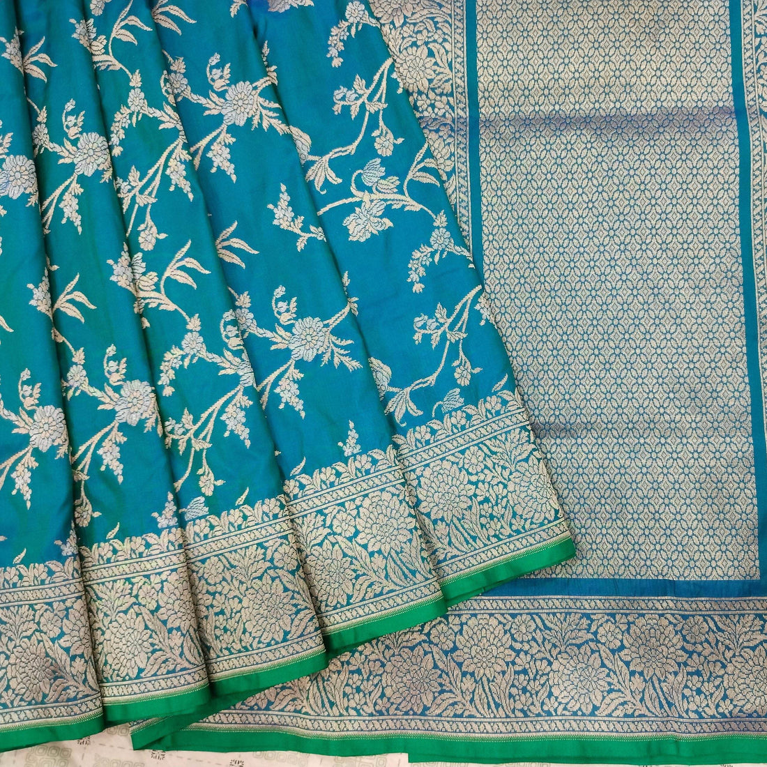 Blue-Green Golden & Silver Zari Pure Silk Banarasi Saree - Zohra Silk