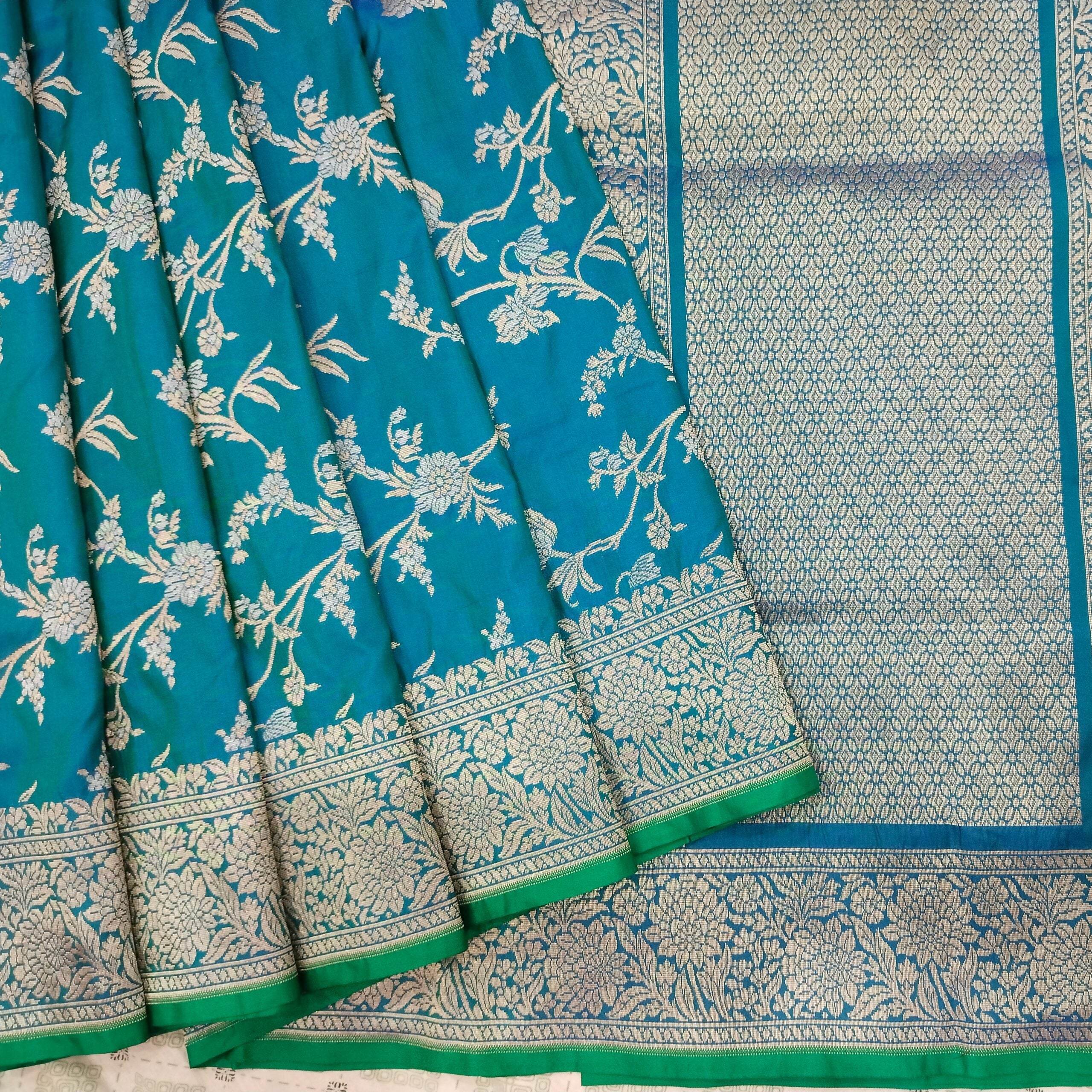Blue-Green Golden & Silver Zari Pure Silk Banarasi Saree - Zohra Silk