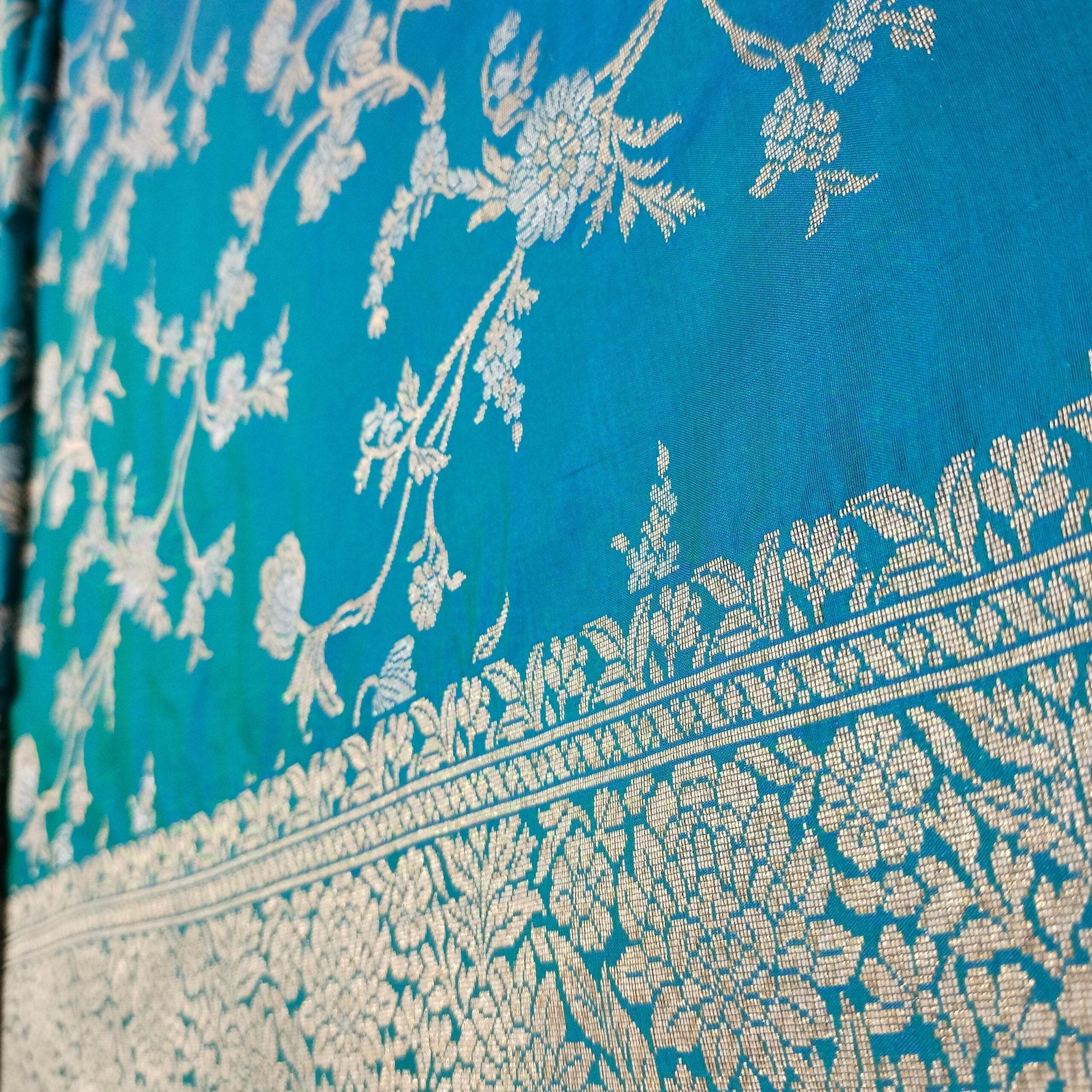 Blue-Green Golden & Silver Zari Pure Silk Banarasi Saree - Zohra Silk