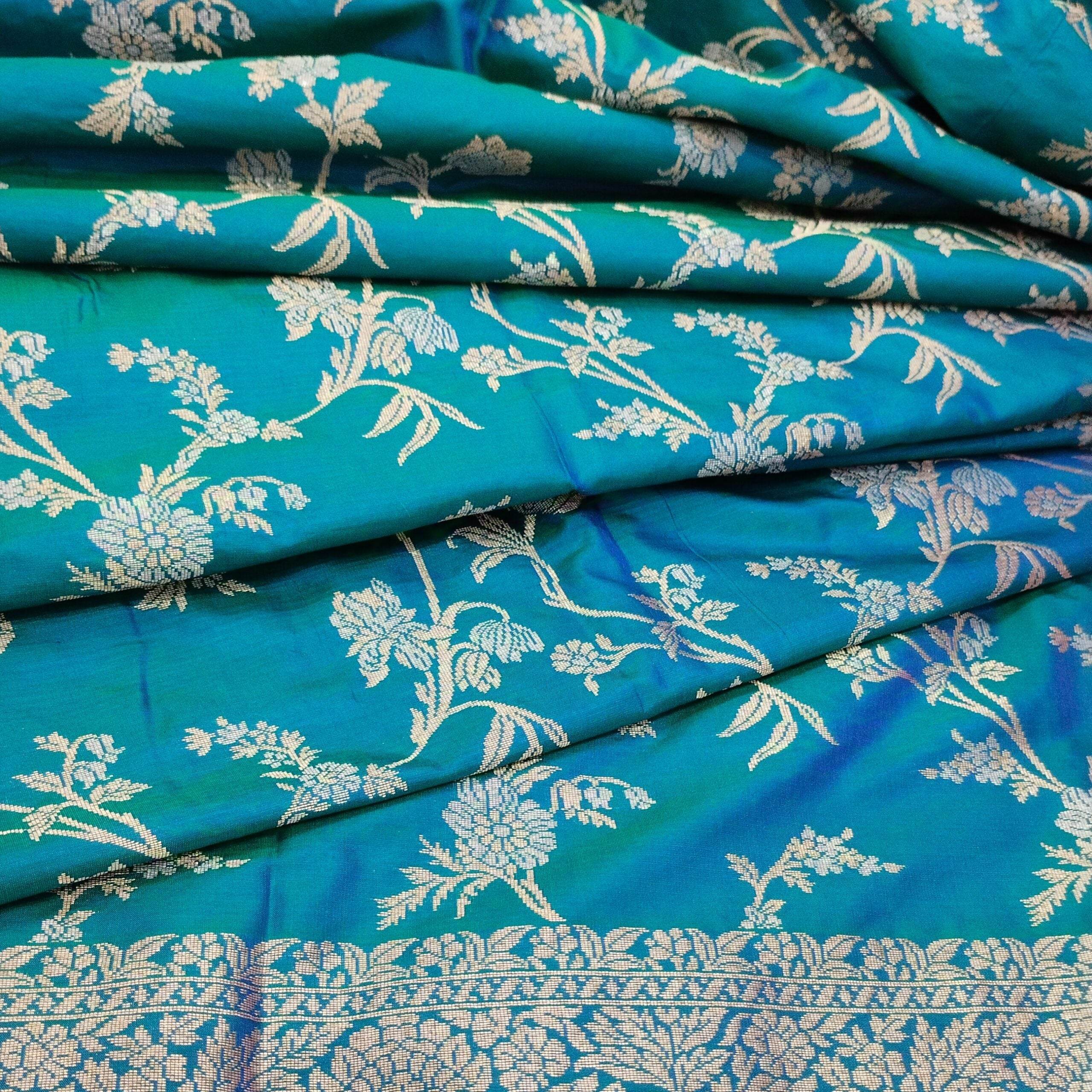Blue-Green Golden & Silver Zari Pure Silk Banarasi Saree - Zohra Silk