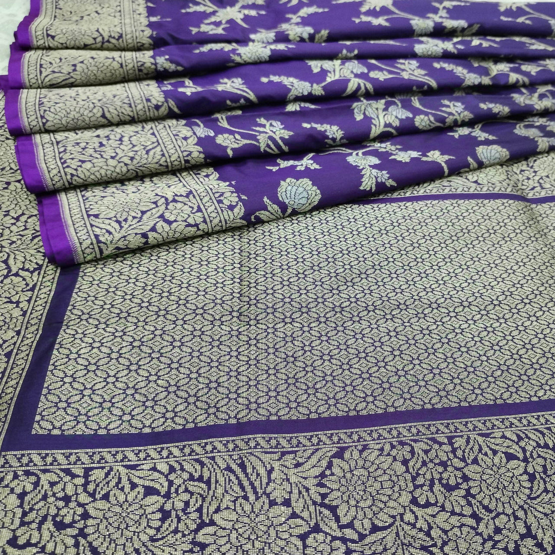 Violet with Golden & Silver Zari Pure Silk Banarasi Saree - Zohra Silk