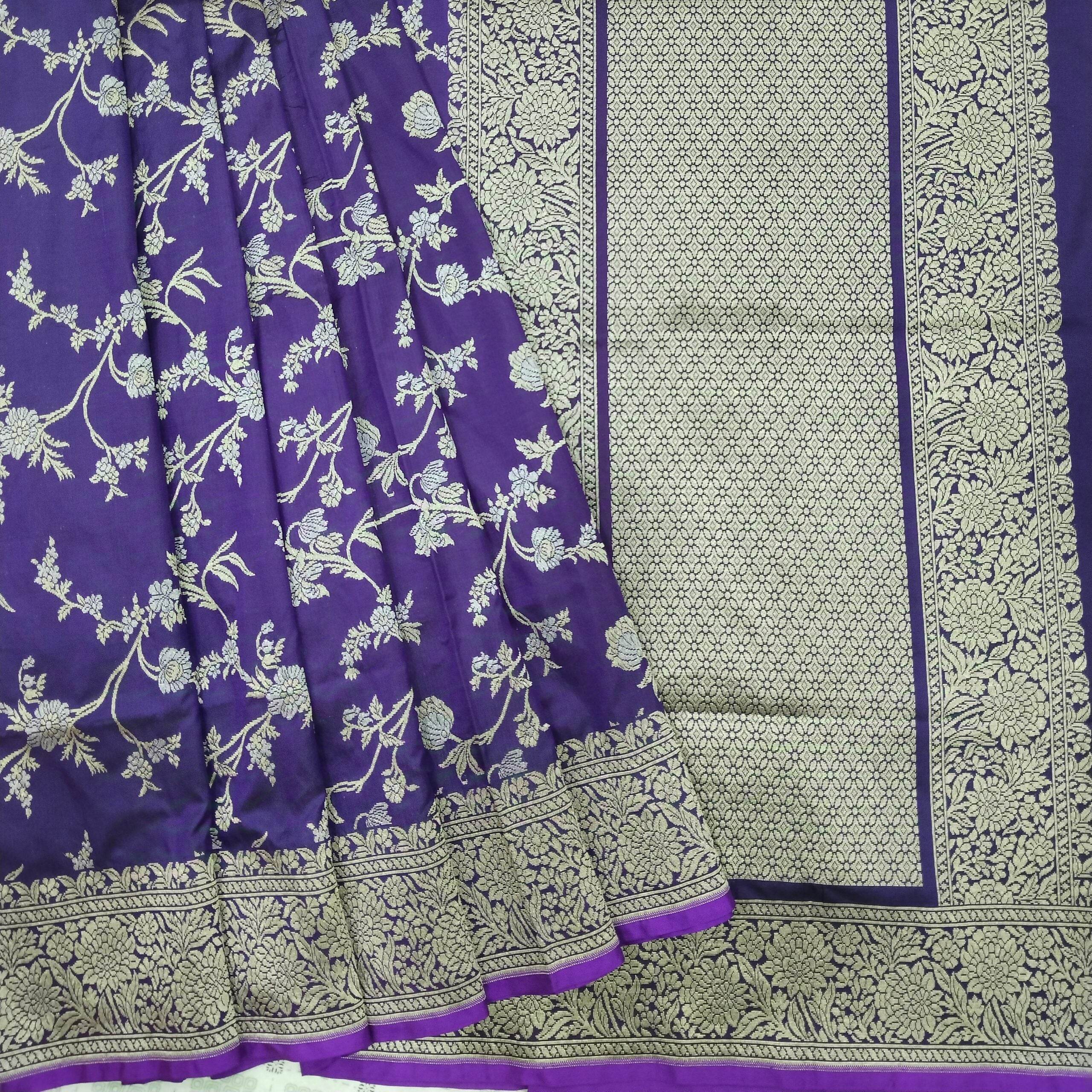 Violet with Golden & Silver Zari Pure Silk Banarasi Saree - Zohra Silk