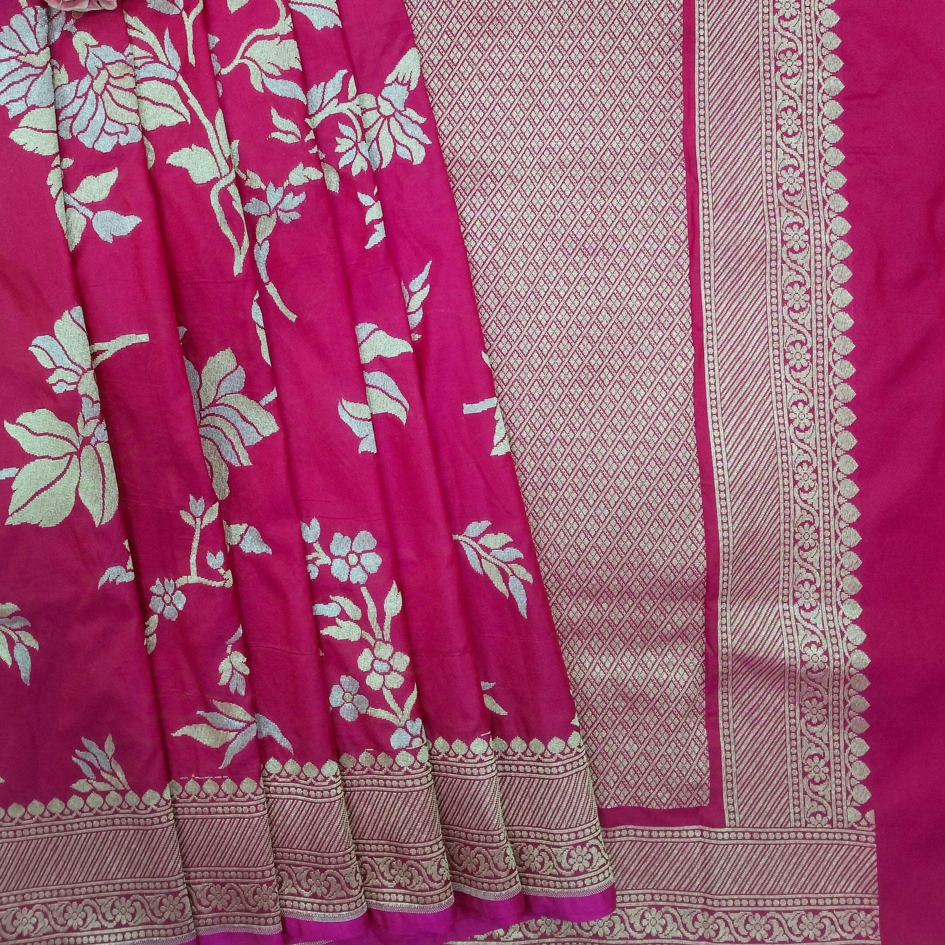 Pink with Red Tone Zari Work Pure Silk Banarasi Saree - Zohra Silk