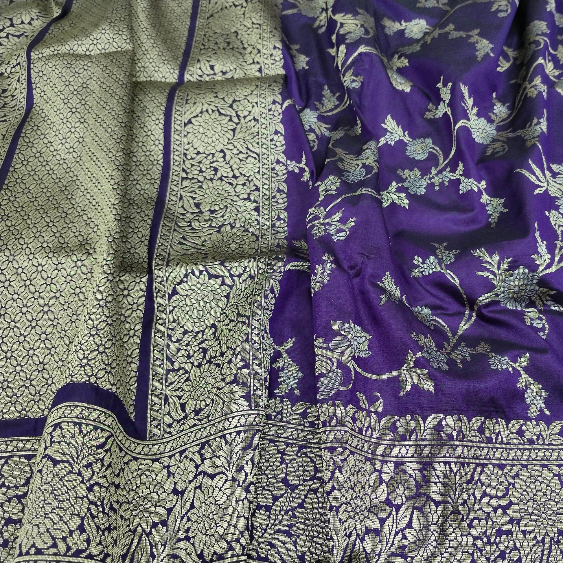 Violet with Golden & Silver Zari Pure Silk Banarasi Saree - Zohra Silk