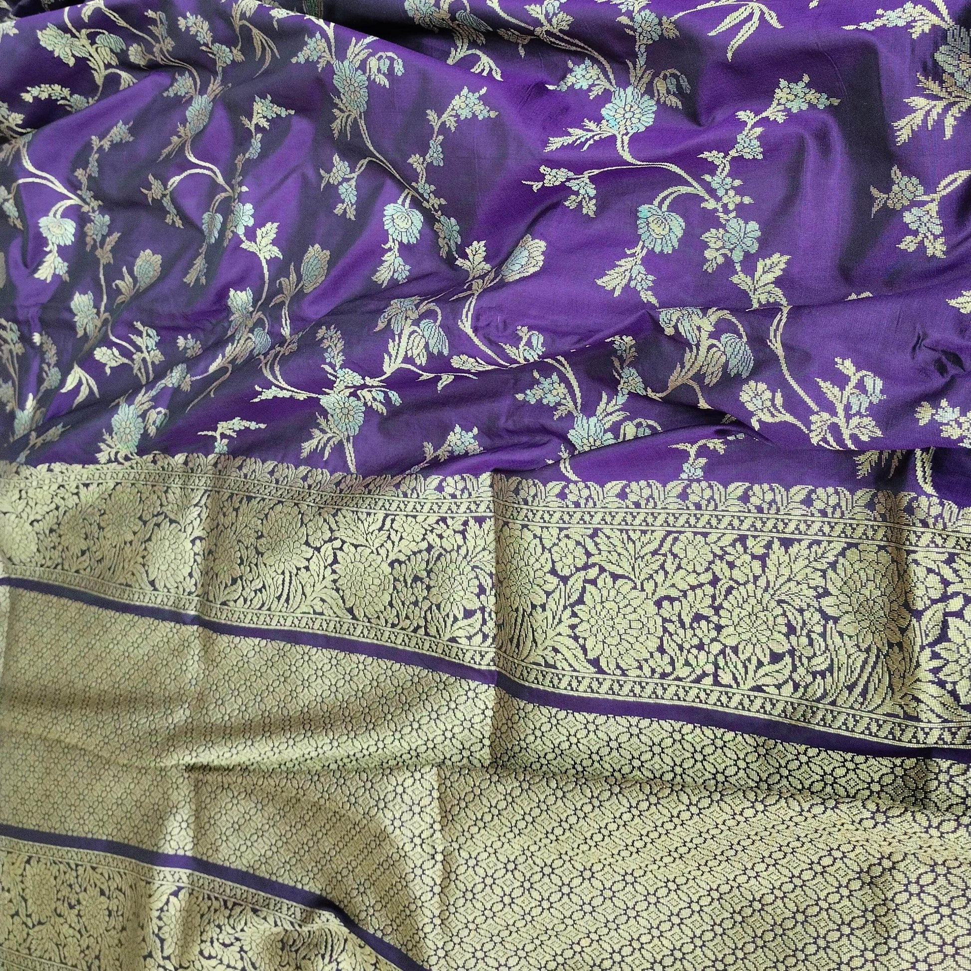 Violet with Golden & Silver Zari Pure Silk Banarasi Saree - Zohra Silk