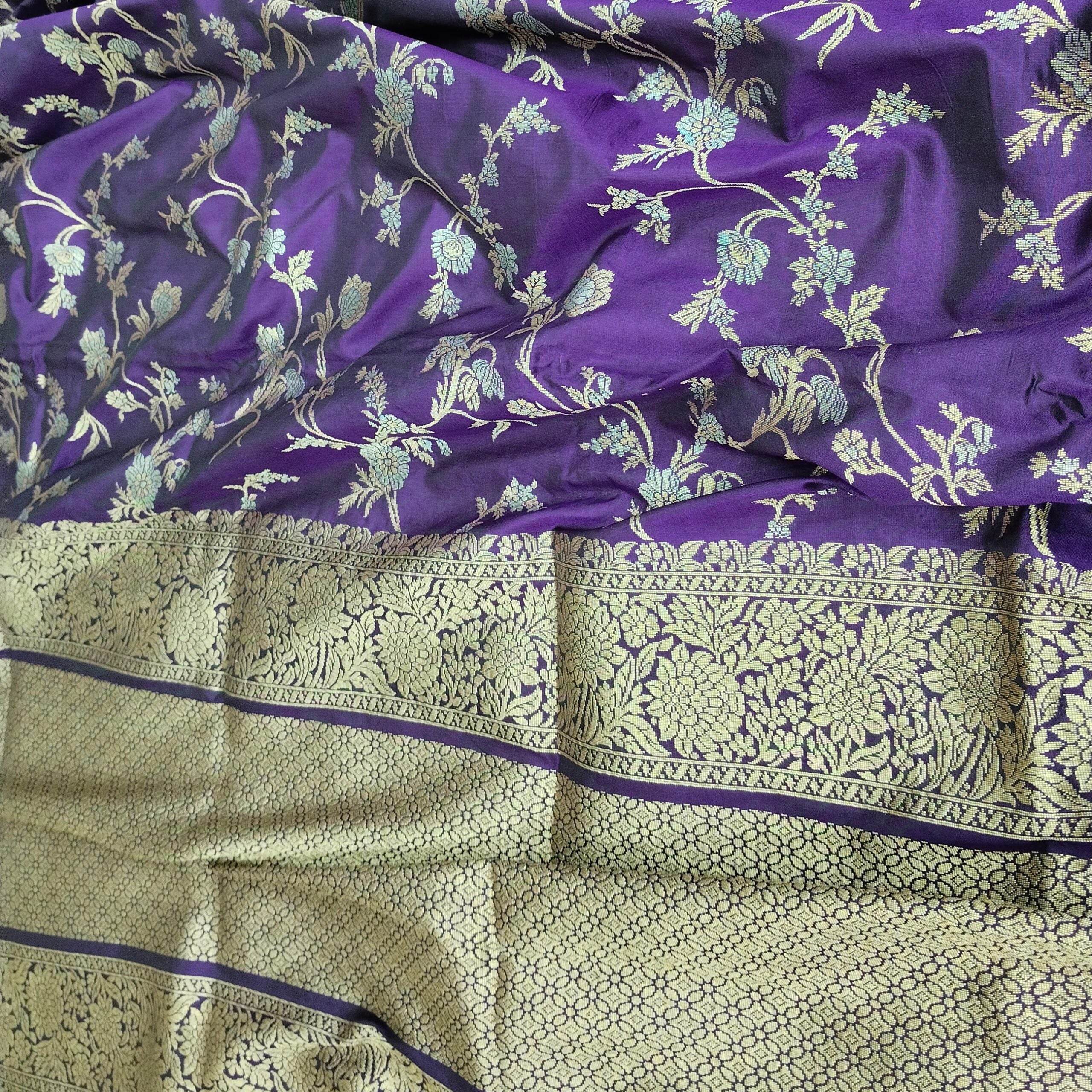 Violet with Golden & Silver Zari Pure Silk Banarasi Saree - Zohra Silk