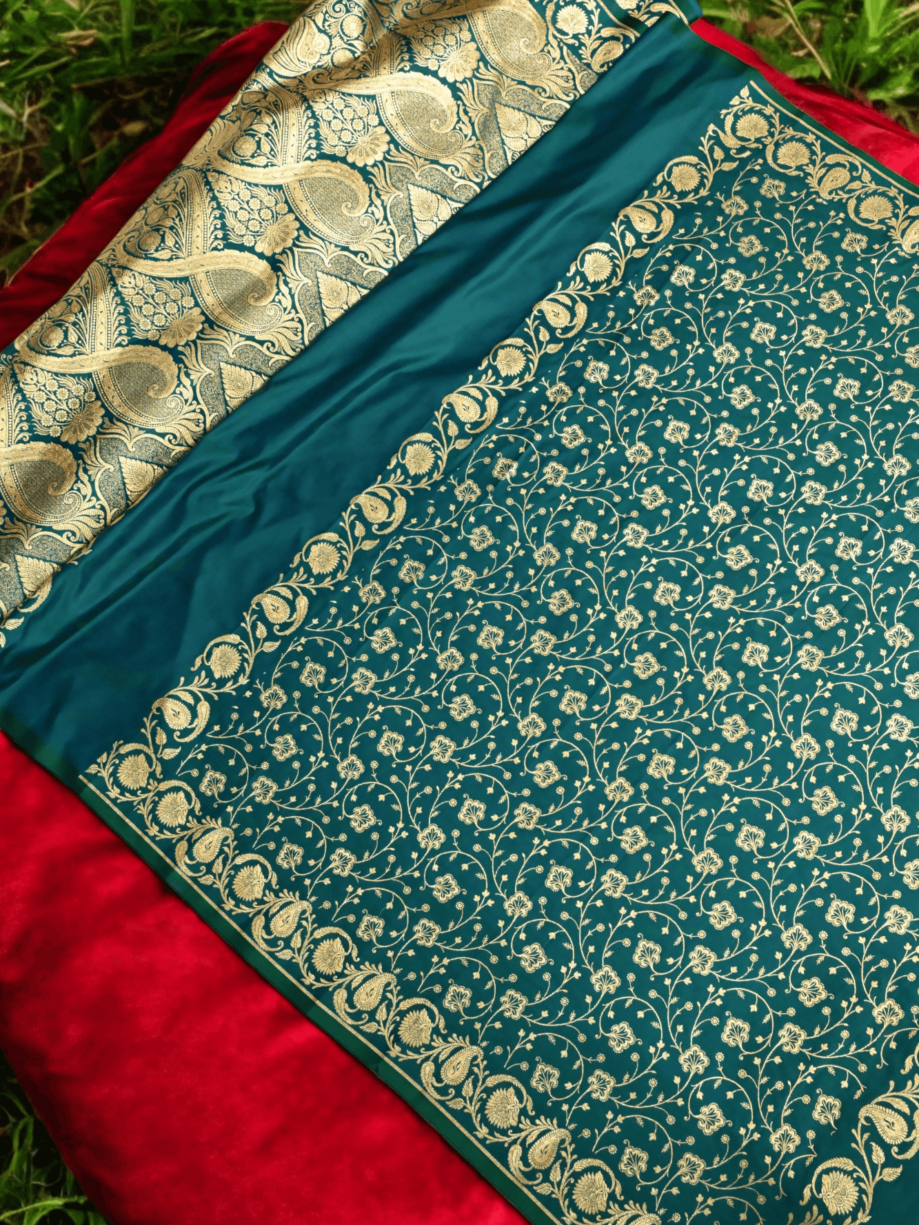 Midnight Green Golden Zari Work Kairi Satin Silk Banarasi Saree - Zohra Silk