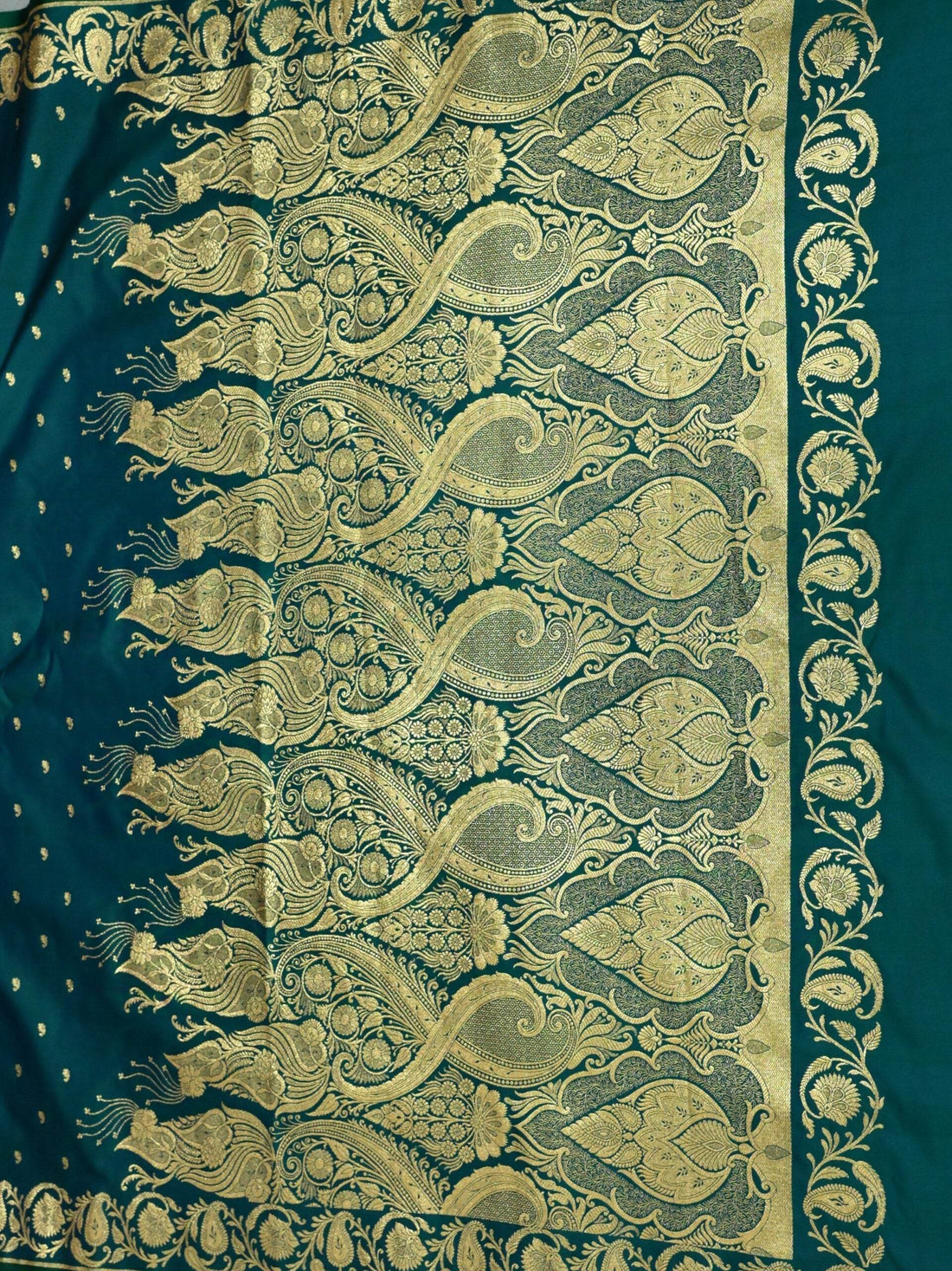 Midnight Green Golden Zari Work Kairi Satin Silk Banarasi Saree - Zohra Silk