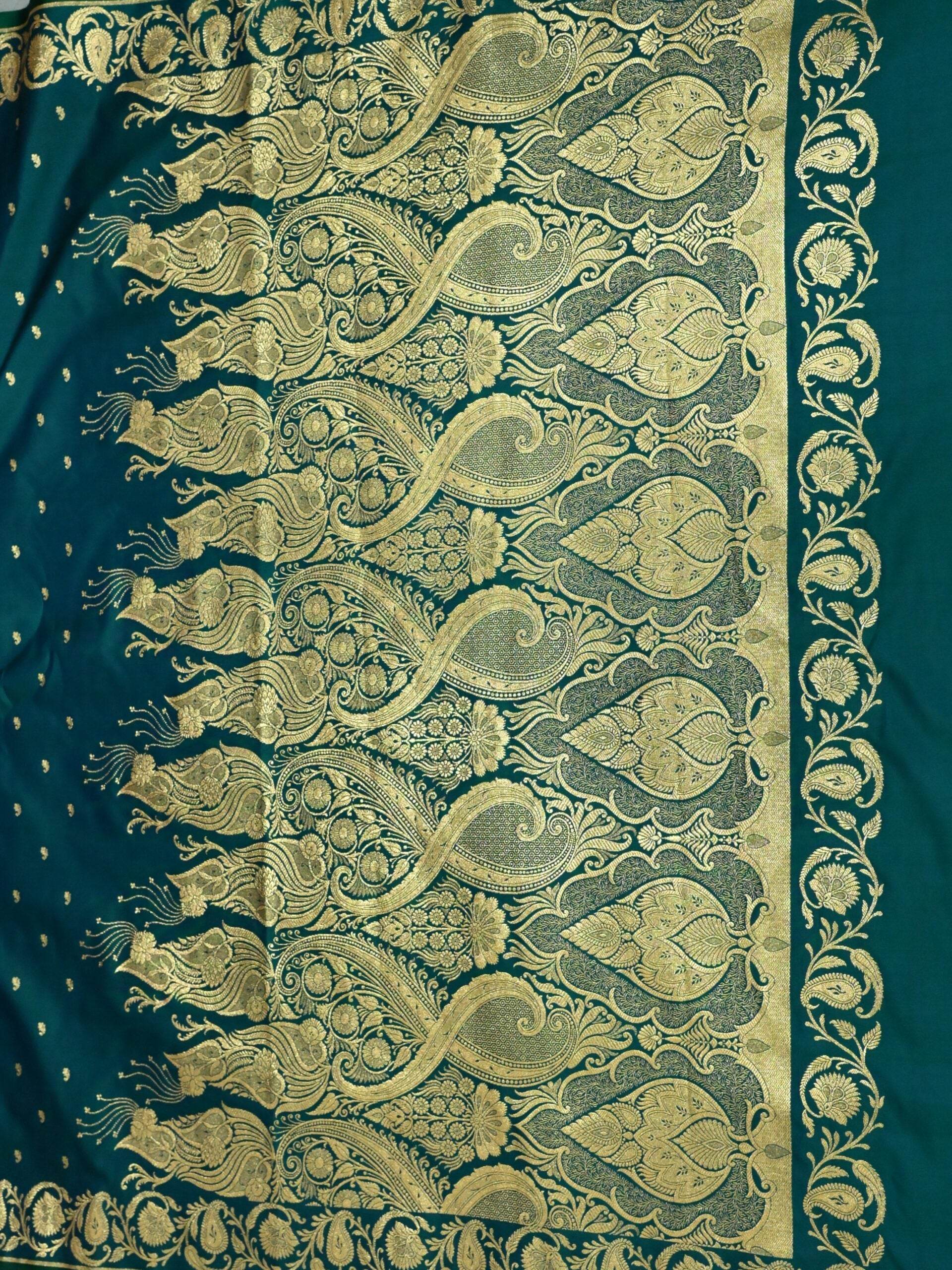Midnight Green Golden Zari Work Kairi Satin Silk Banarasi Saree - Zohra Silk
