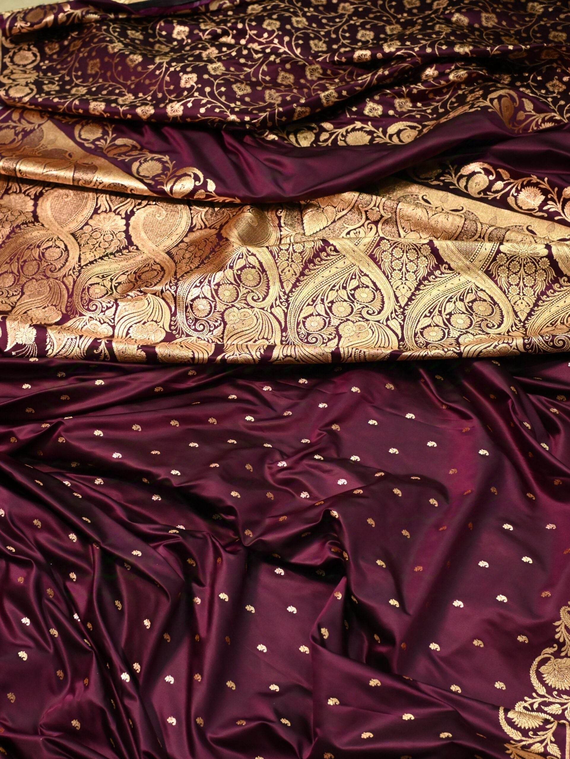 Brown Golden Zari Work Long Kairi Satin Silk Banarasi Saree - Zohra Silk