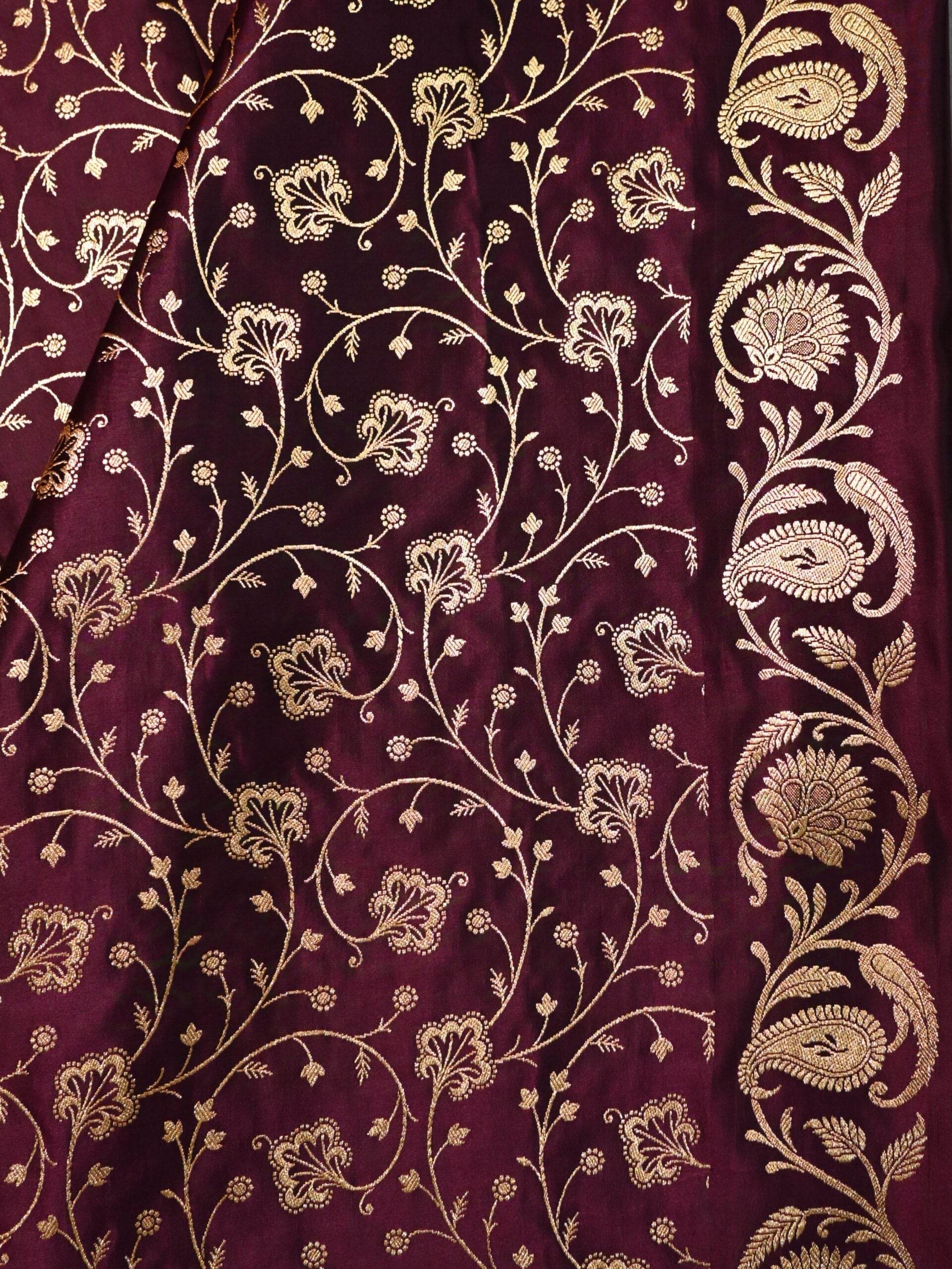Brown Golden Zari Work Long Kairi Satin Silk Banarasi Saree - Zohra Silk