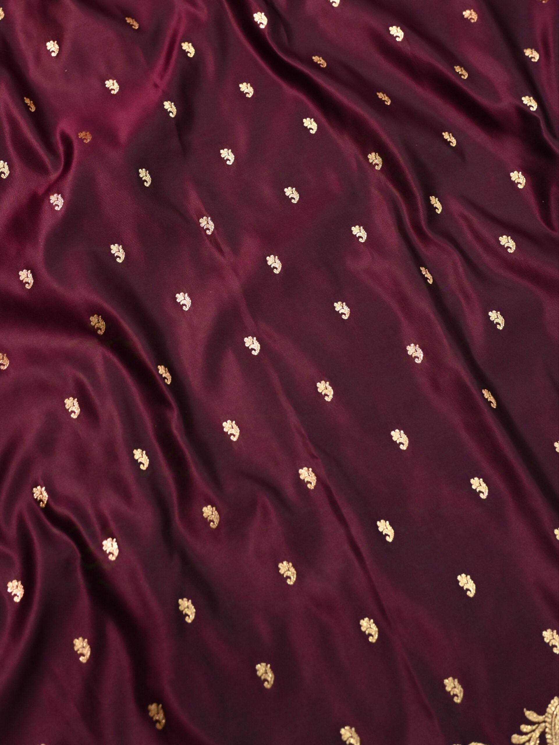 Brown Golden Zari Work Long Kairi Satin Silk Banarasi Saree - Zohra Silk