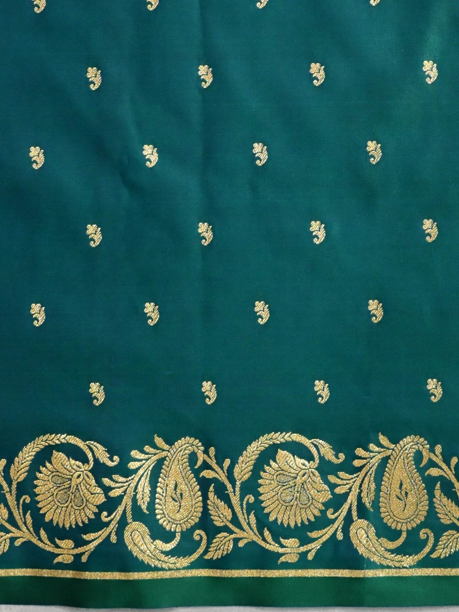 Midnight Green Golden Zari Work Kairi Satin Silk Banarasi Saree - Zohra Silk