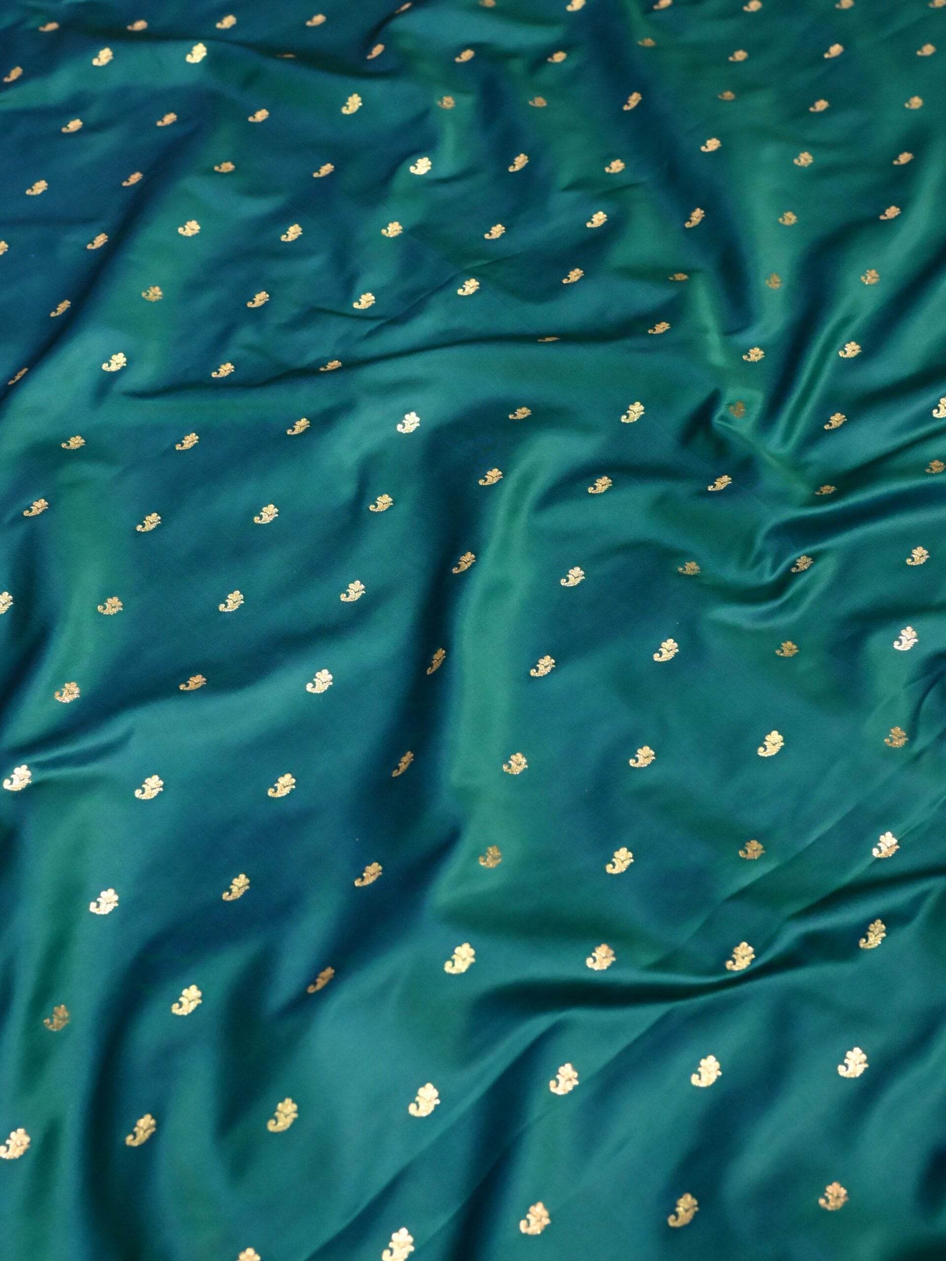 Midnight Green Golden Zari Work Kairi Satin Silk Banarasi Saree - Zohra Silk