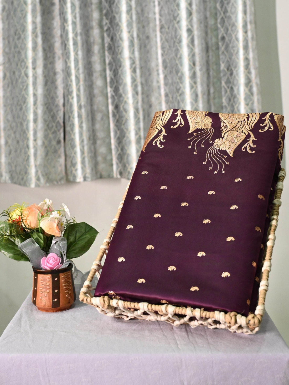 Brown Golden Zari Work Long Kairi Satin Silk Banarasi Saree - Zohra Silk