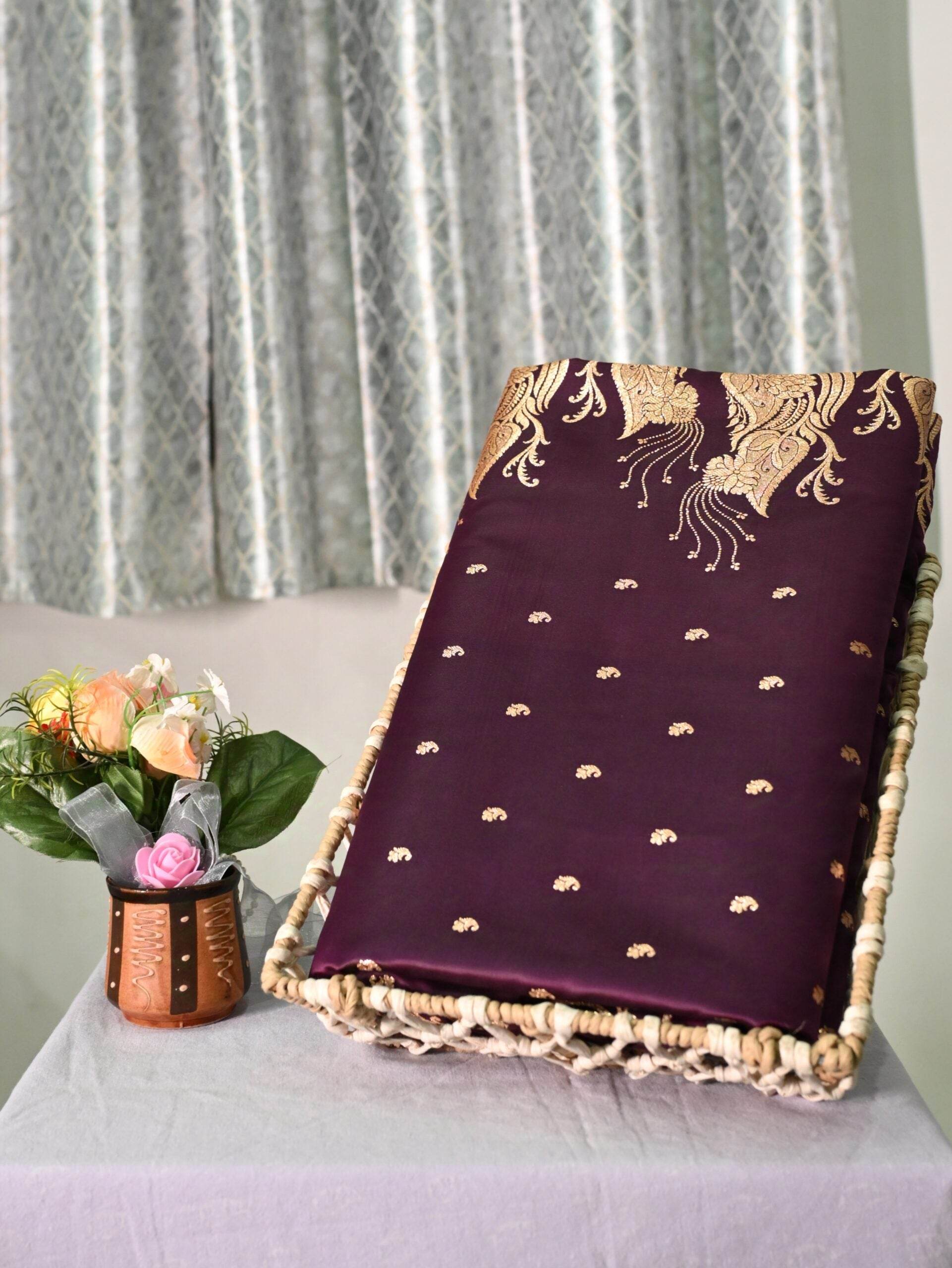 Brown Golden Zari Work Long Kairi Satin Silk Banarasi Saree - Zohra Silk