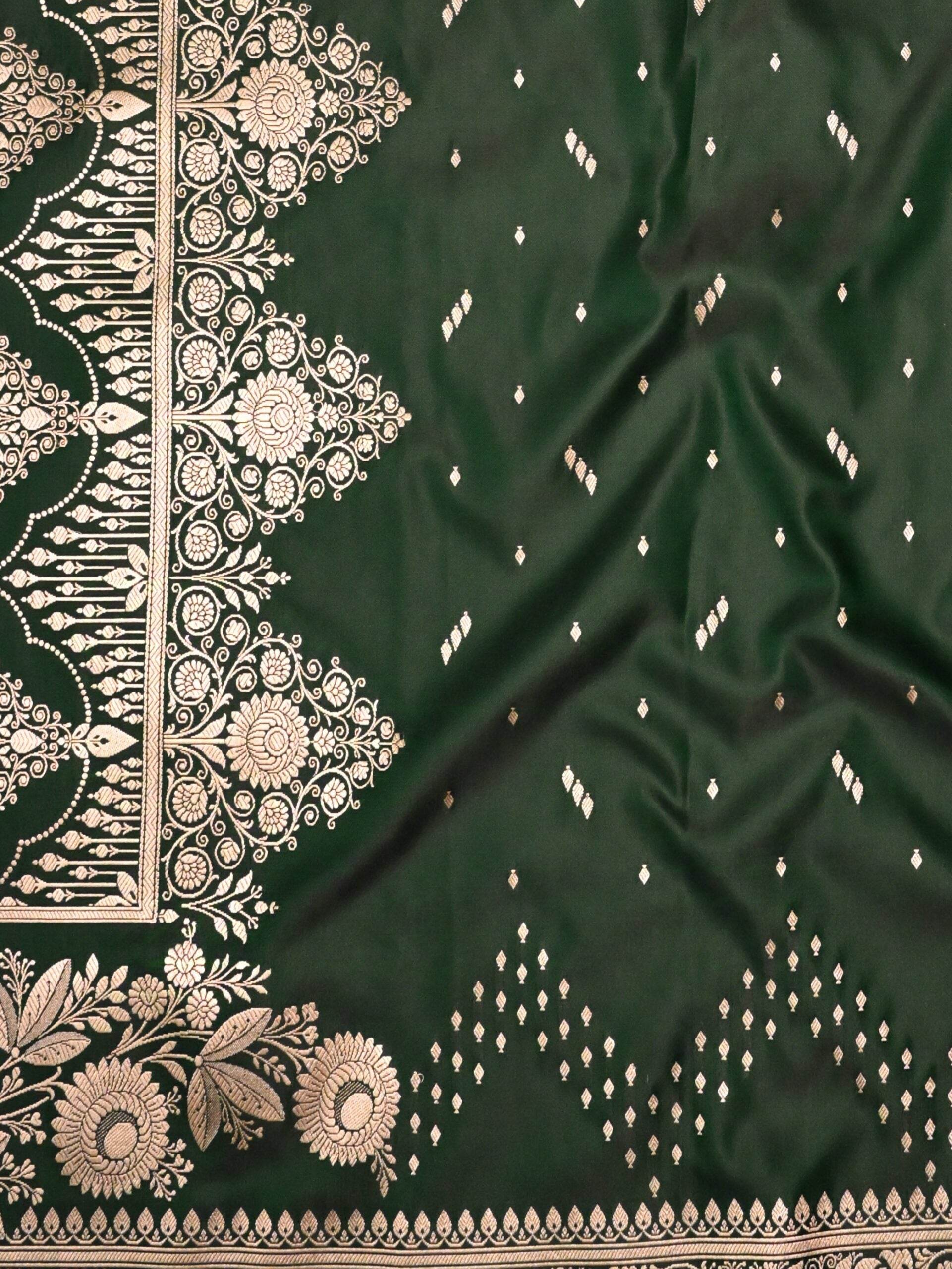 Mughal Green Premium Zari Work Fancy Satin Silk Banarasi Saare - Zohra Silk