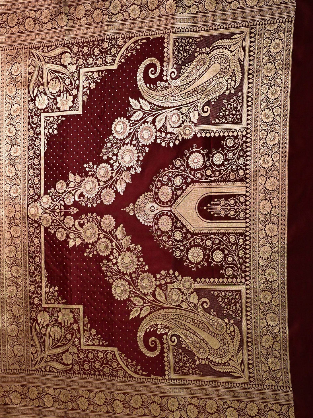 Maroon Golden Zari Work Namo Satin Silk Banarasi Saare - Zohra Silk