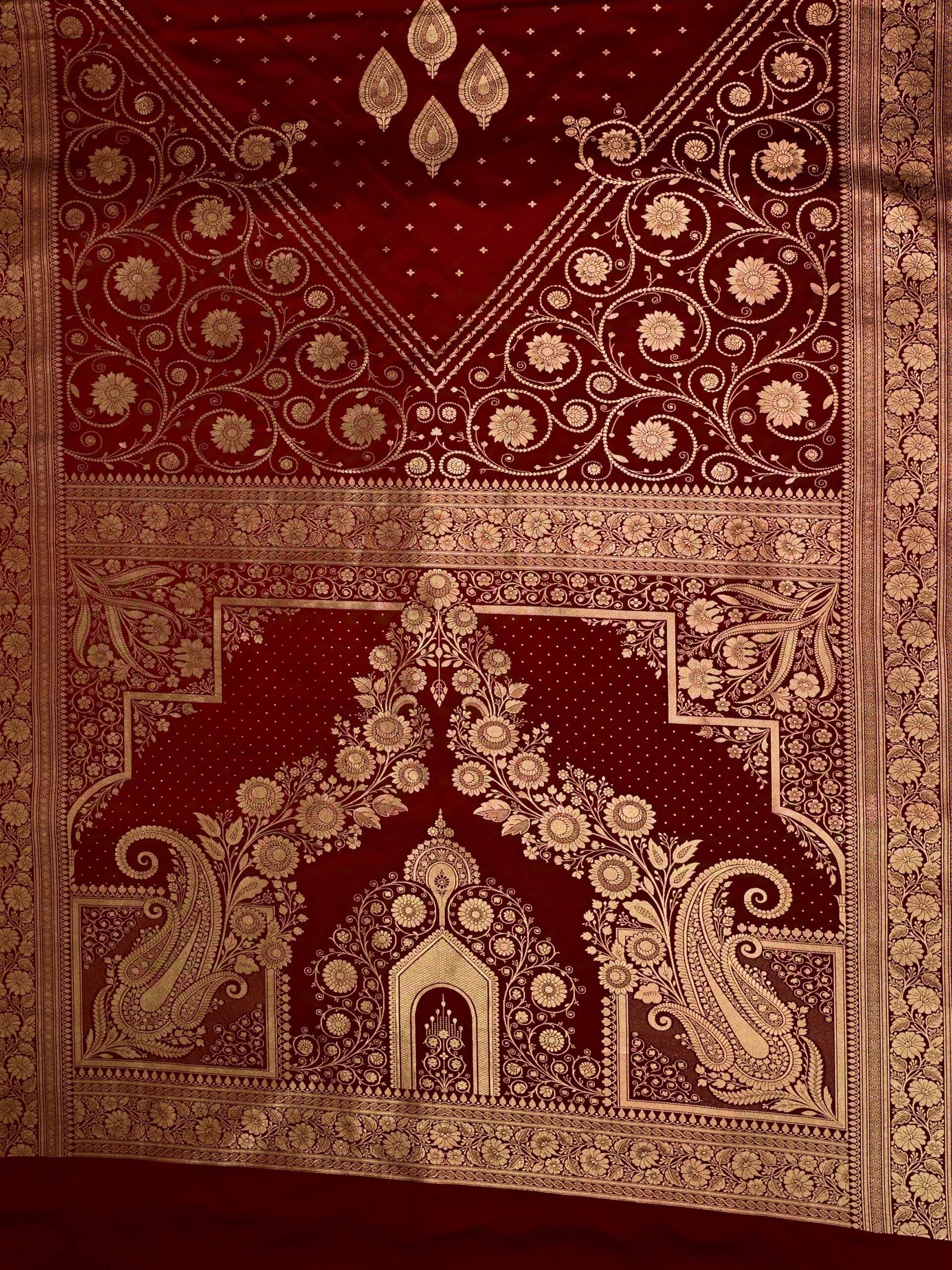 Maroon Golden Zari Work Namo Satin Silk Banarasi Saare - Zohra Silk