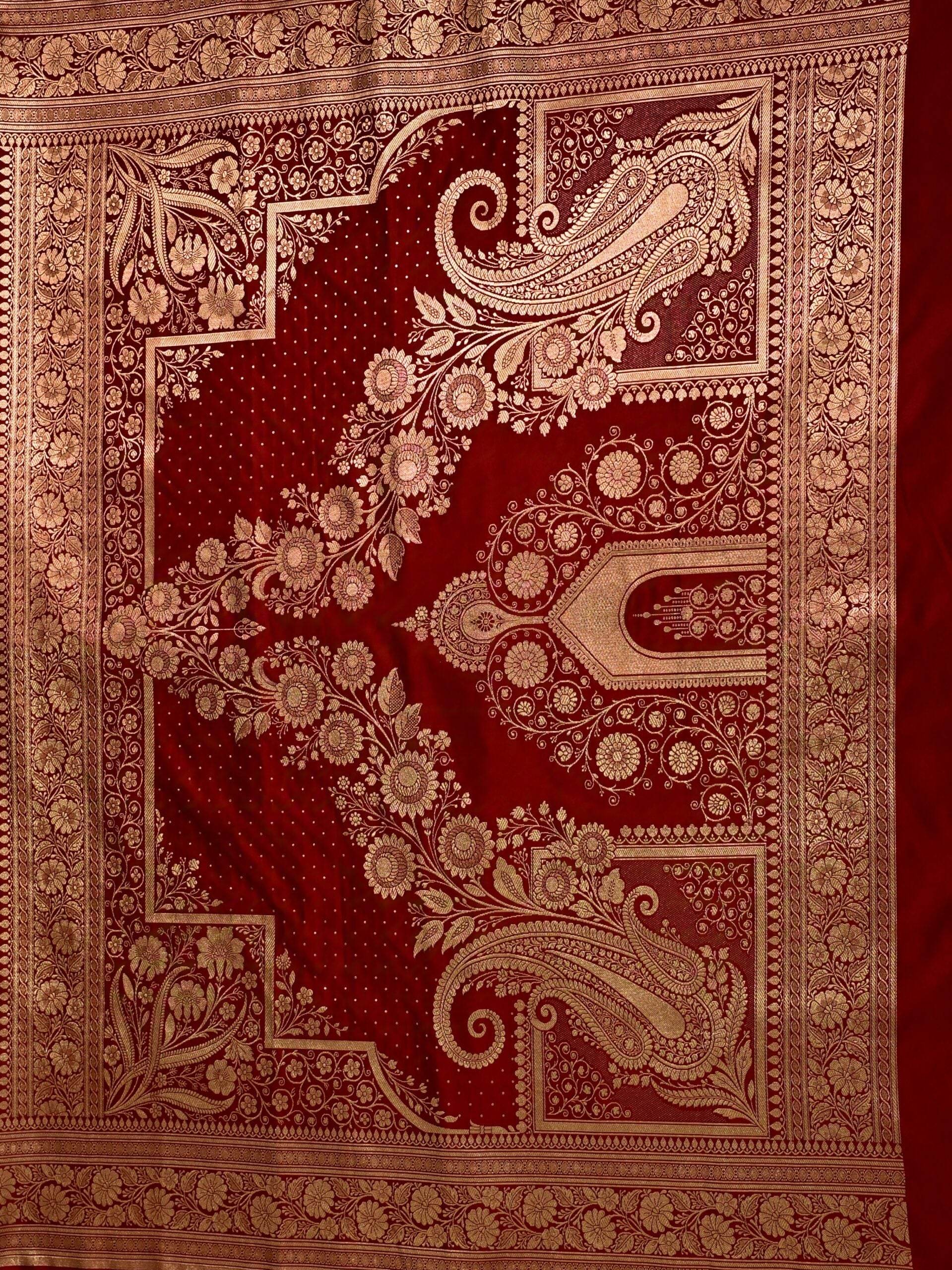 Maroon Golden Zari Work Namo Satin Silk Banarasi Saare - Zohra Silk
